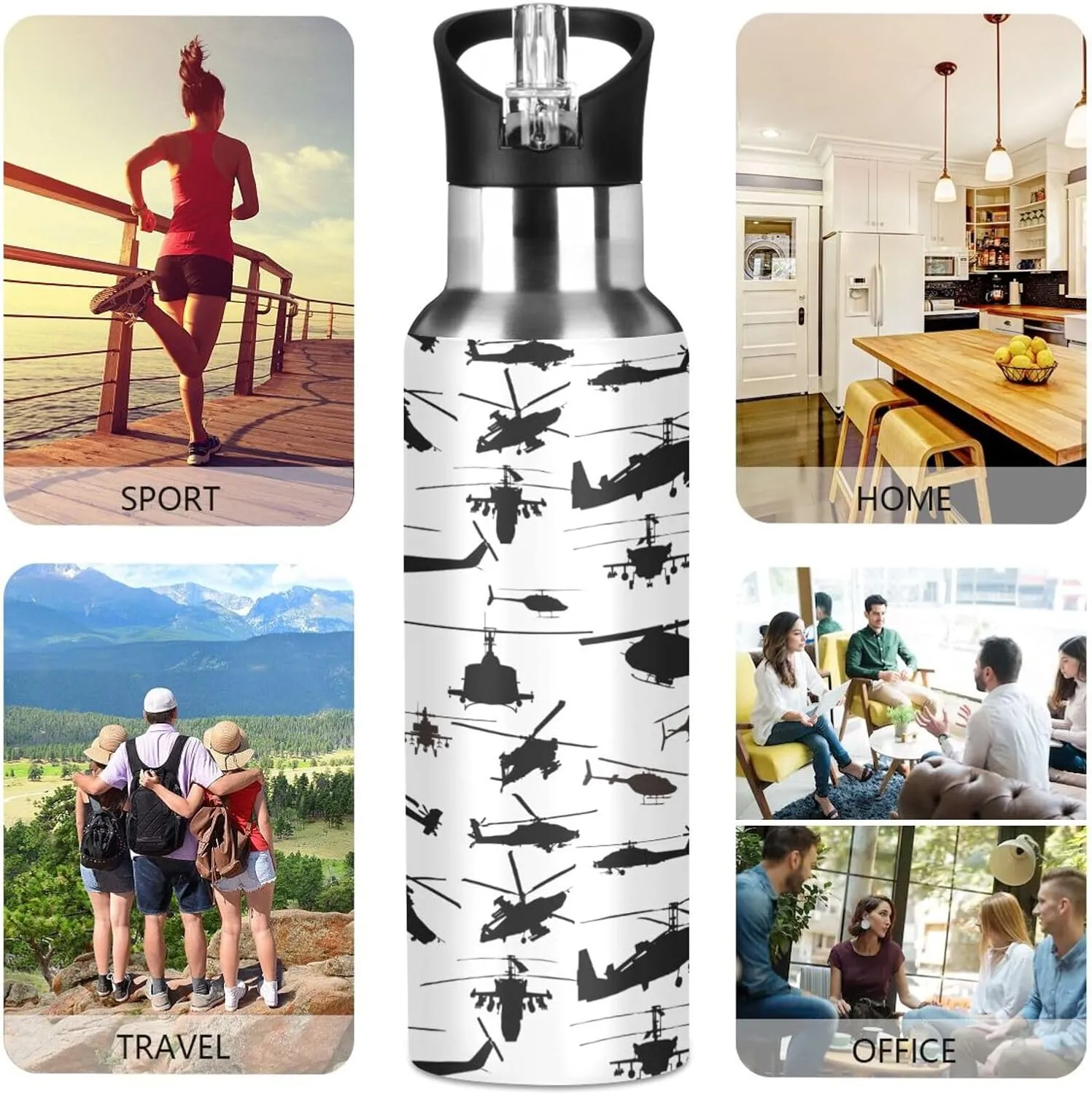 Helicopter Stainless Steel Water Bottle with Straw Lid - 20 Oz Sports Insulated Water Bottle Thermos for Sport Gym Outdoor Travel School