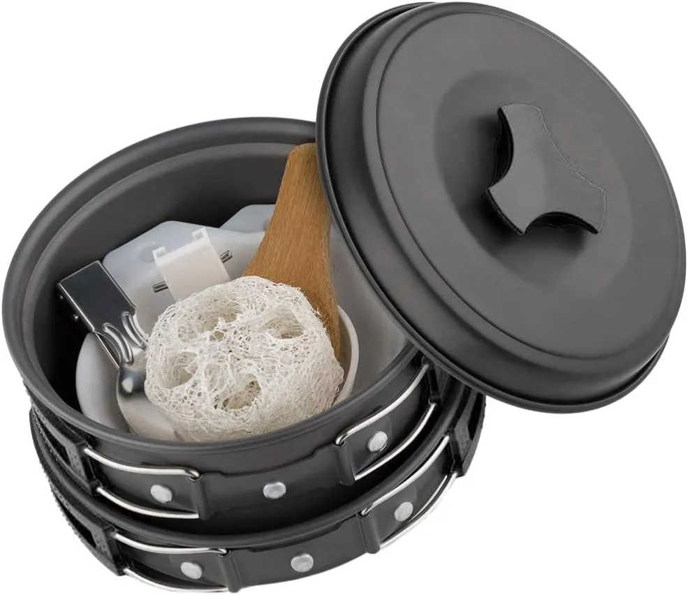 Hemoton Stackable Lightweight Nonstick Durable Compact 1-2 Person Outdoor Cookware Set Camping Mess Kit for Cooking Camping Hiking Picnic Outdoor