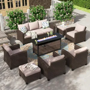 HERA'S HOUSE Patio Furniture Set Outdoor Furniture with 56" Fire Pit Table, 8 Pieces Wicker Rattan Patio Conversation Sofa Sets for Deck Backyard Lawn, Beige/Brown