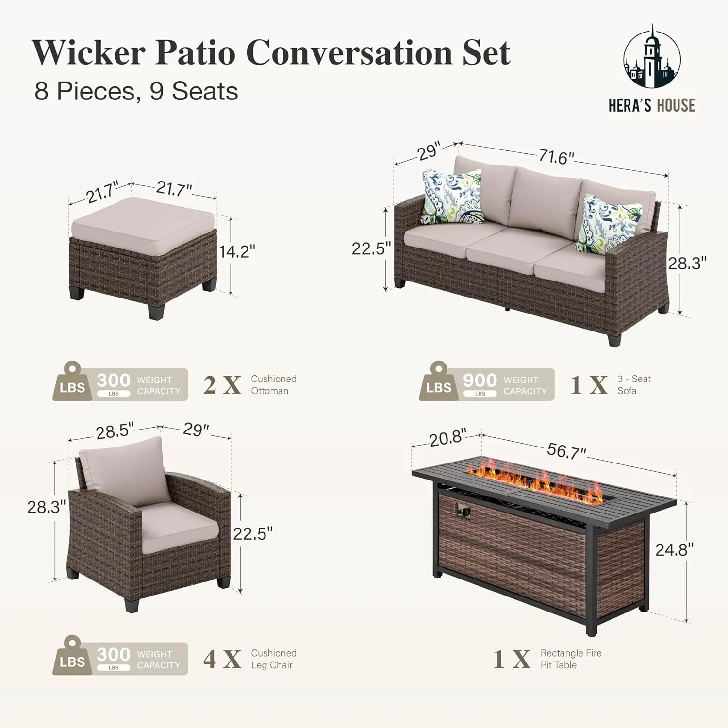 HERA'S HOUSE Patio Furniture Set Outdoor Furniture with 56" Fire Pit Table, 8 Pieces Wicker Rattan Patio Conversation Sofa Sets for Deck Backyard Lawn, Beige/Brown