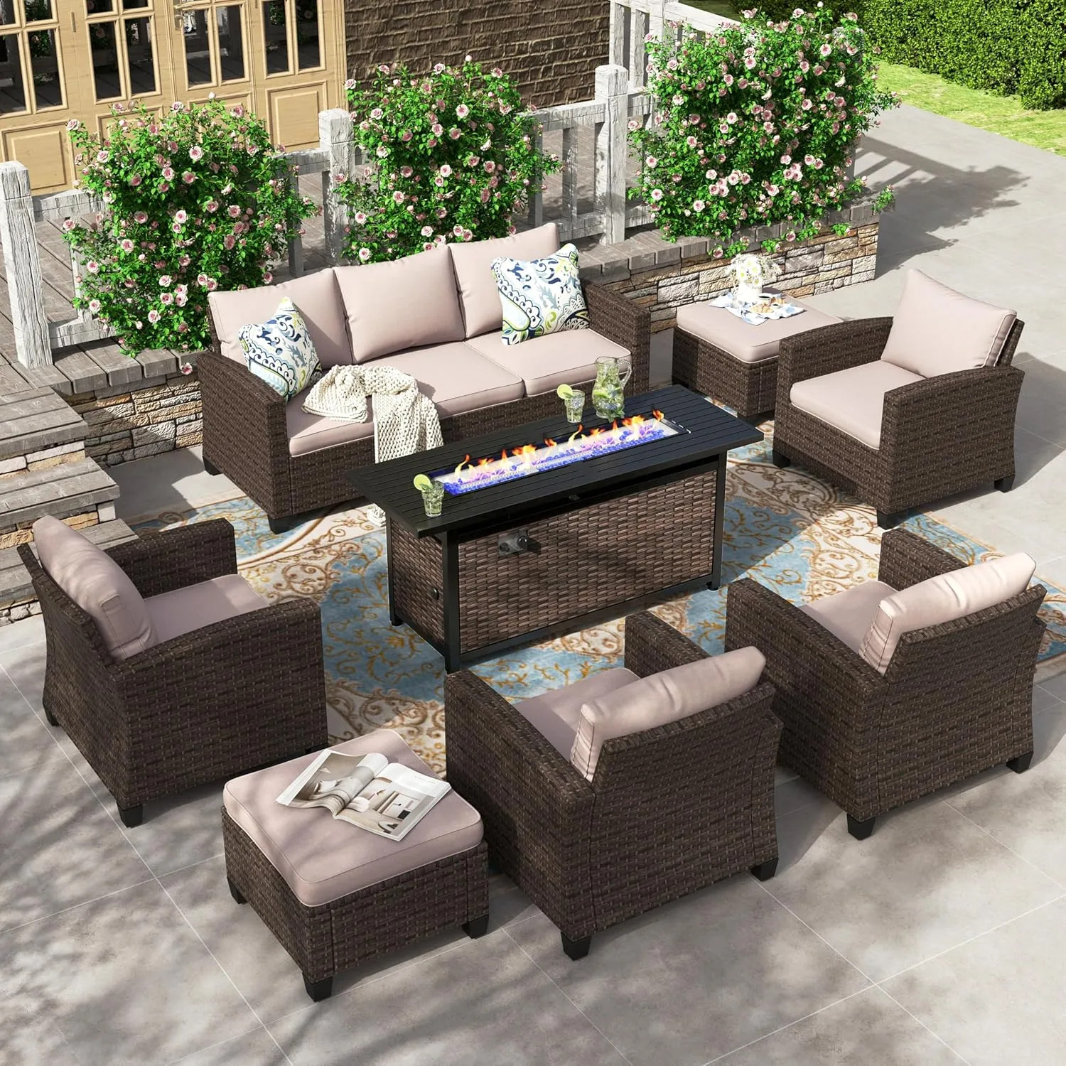 HERA'S HOUSE Patio Furniture Set Outdoor Furniture with 56" Fire Pit Table, 8 Pieces Wicker Rattan Patio Conversation Sofa Sets for Deck Backyard Lawn, Beige/Brown