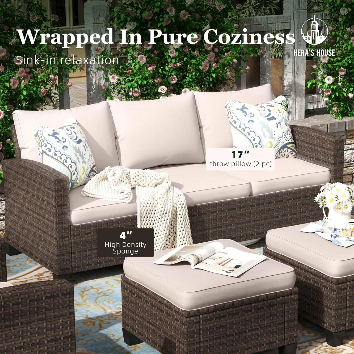 HERA'S HOUSE Patio Furniture Set Outdoor Furniture with 56" Fire Pit Table, 8 Pieces Wicker Rattan Patio Conversation Sofa Sets for Deck Backyard Lawn, Beige/Brown