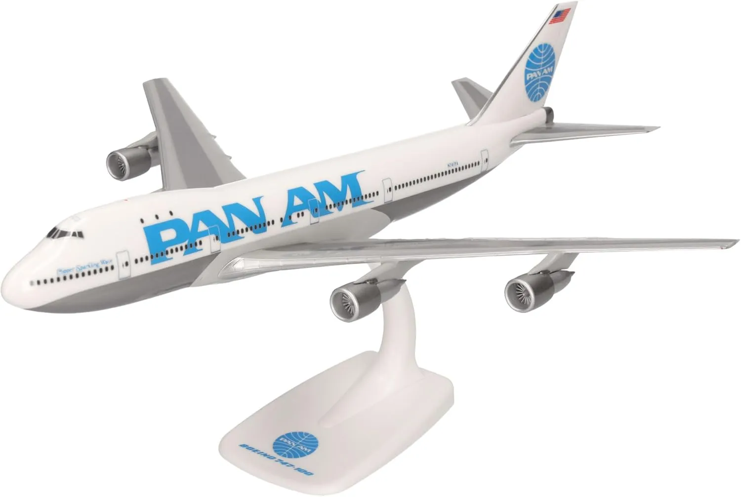 Herpa Snap-fit Airplane Model Boeing 747-100 Pan Am on Scale of 1:250, Plastic Miniature with pedastal, Model Building, Collectors Edition