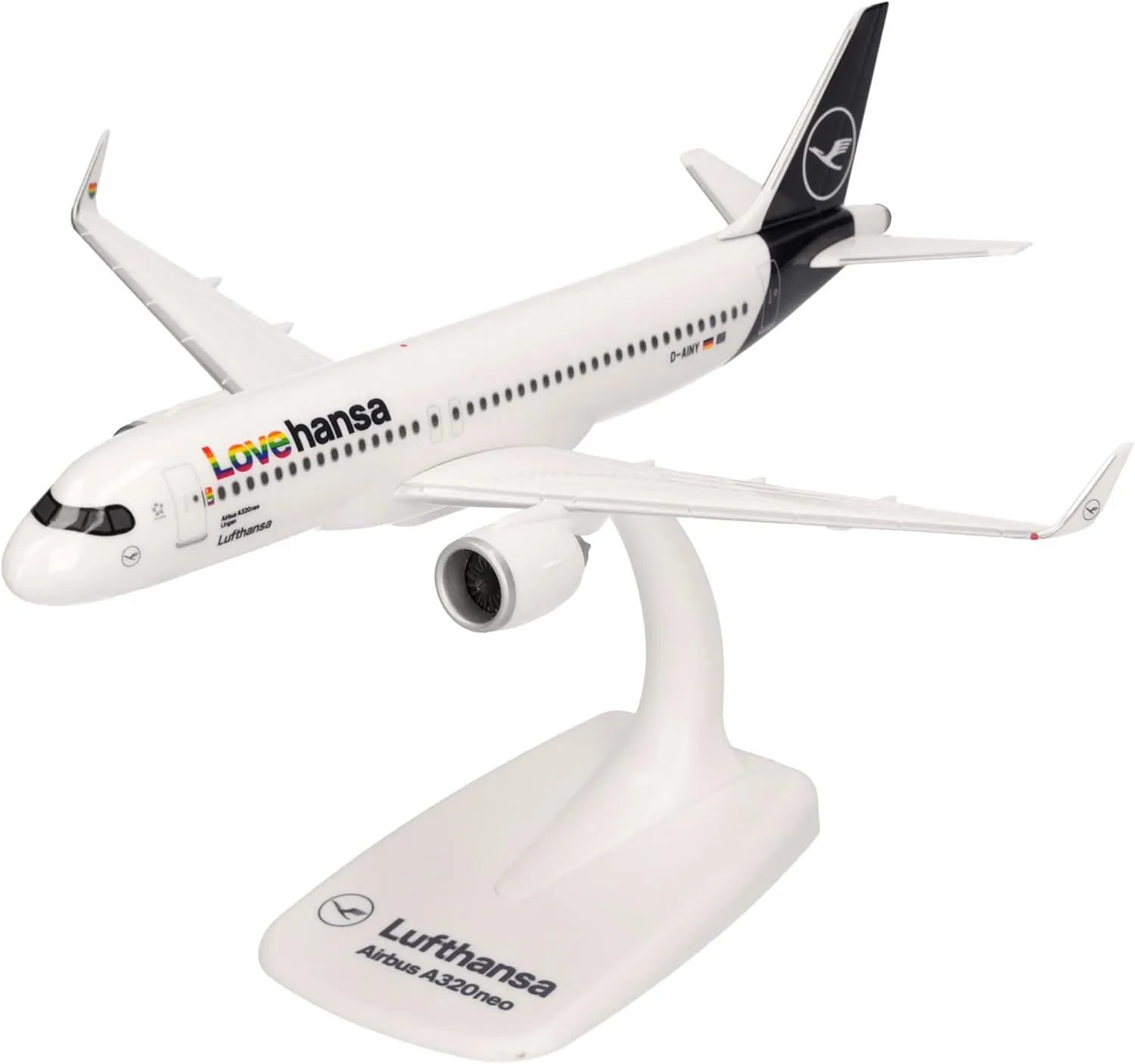 Herpa Snap-Fit Model Airplane Airbus A320neo Lufthansa Lovehansa- D-AINY 'Lingen', Airplane, Miniature in Scale 1:200, Collector's Item, Model with Stand, Plastic