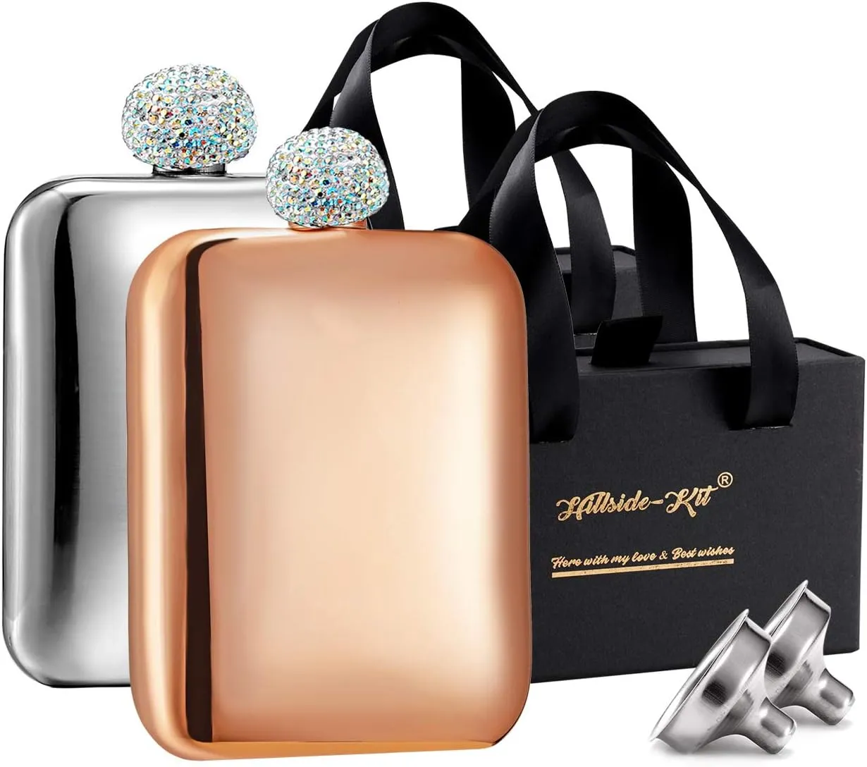 Hillside-Kit Booze Shot Flask- AB Crystal Lid Creative 304 Stainless Steel Wine Alcohol Liquor Flask for Women Girls Men Party Hand size Flask-6OZ