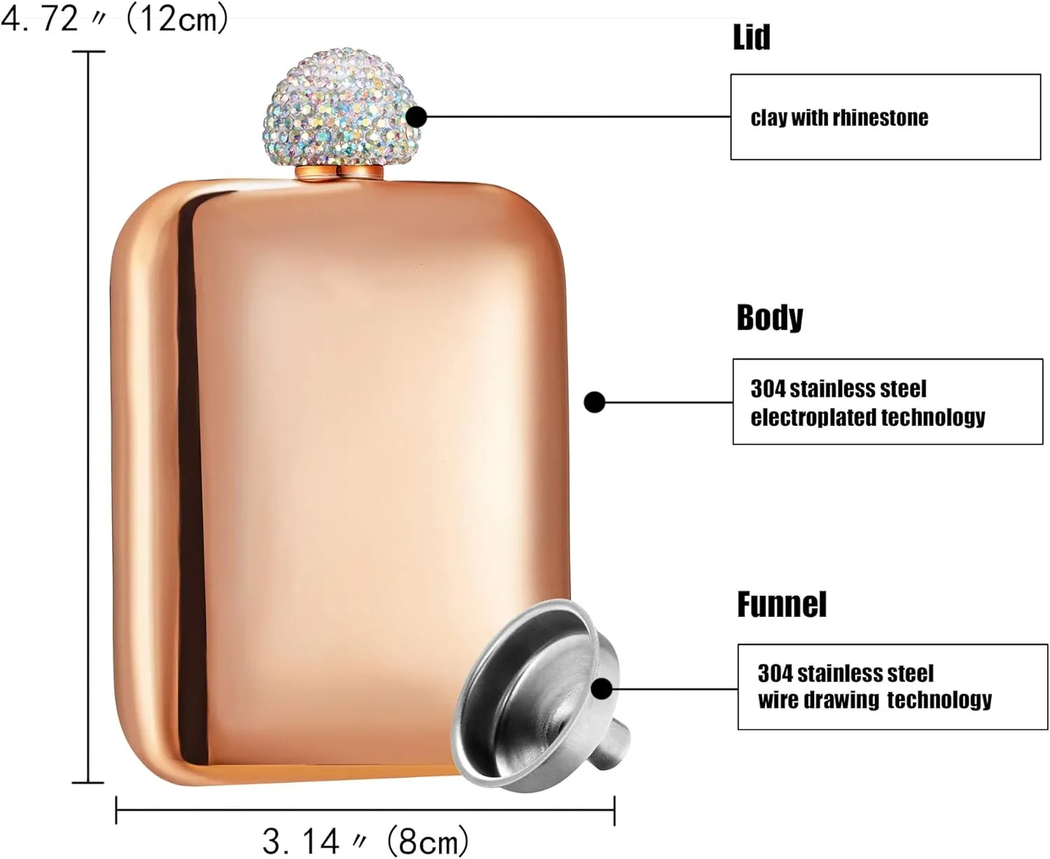 Hillside-Kit Booze Shot Flask- AB Crystal Lid Creative 304 Stainless Steel Wine Alcohol Liquor Flask for Women Girls Men Party Hand size Flask-6OZ