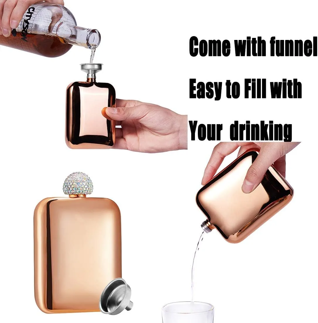 Hillside-Kit Booze Shot Flask- AB Crystal Lid Creative 304 Stainless Steel Wine Alcohol Liquor Flask for Women Girls Men Party Hand size Flask-6OZ