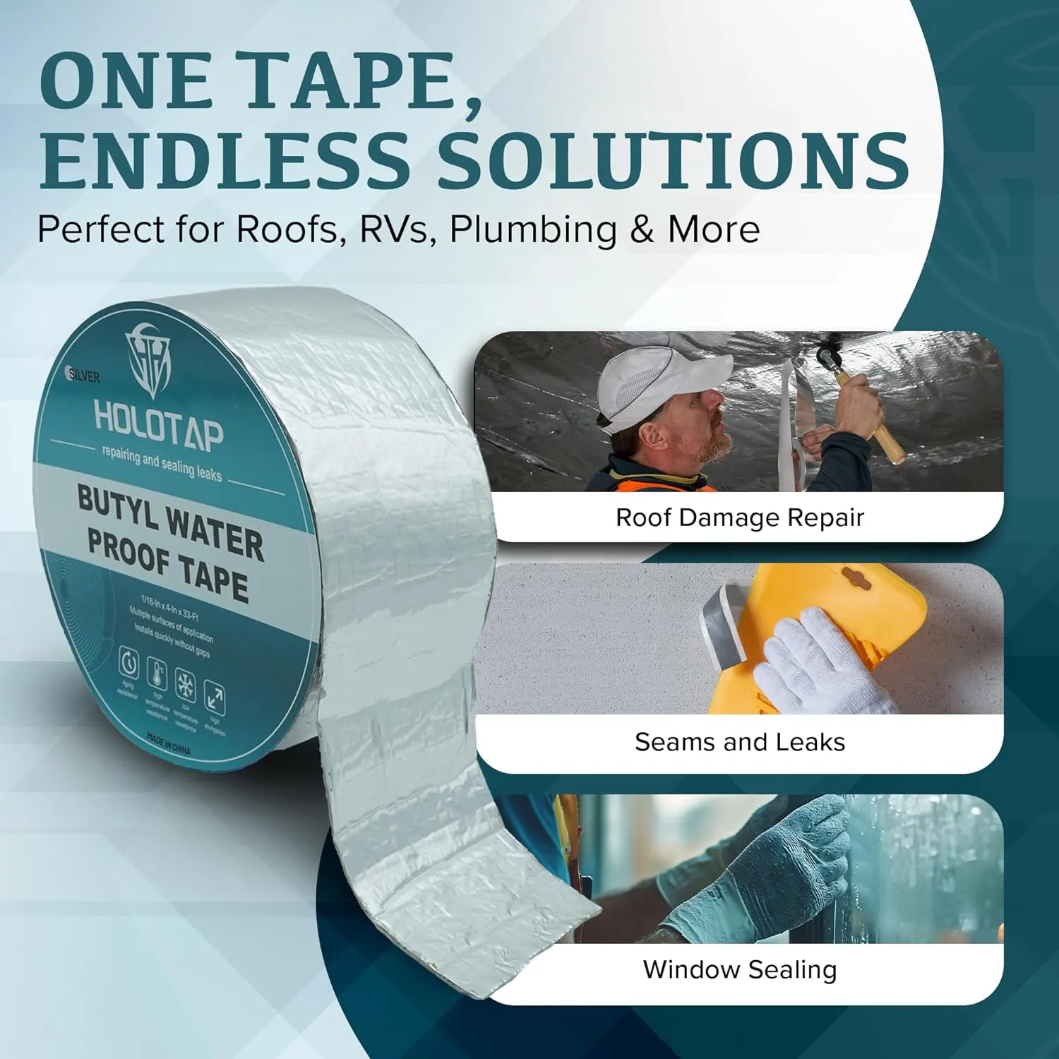 Holotap 3Pcs Waterproof Aluminum Butyl Tape (4in x 33ft), Rv Tape Sealant Waterproof,Waterproof Tape for leaks,Butyl Sealant Tape,Multi-Use Repair for RV, Roof, Leaks, Seals,and More