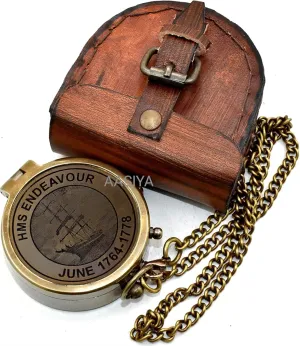 HSM Endeavour June 1764-1778 Ship Antique Pocket Compass with Beautifull Leather Case Boating Compass Ship Compass Waterproof Compass Christmas Day Gift Compass Campion Compass.
