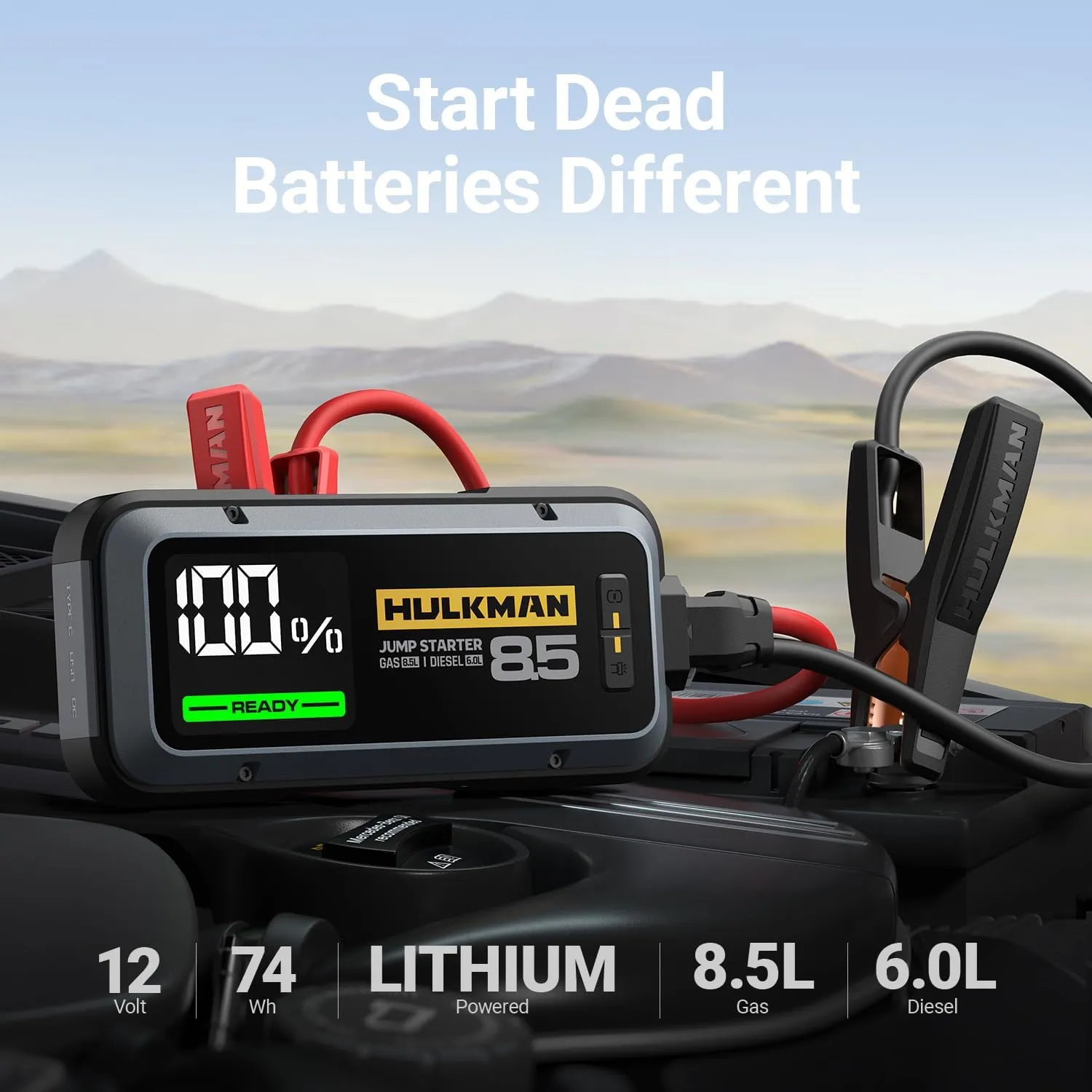 Hulkman Alpha85,Space Gray,2000A 74Wh Smart Jump Starter,12V Portable Car Battery Booster with 3.3" Display,USB-C Power Pack,5-Mode Flashlight,Jumper Cables for up to 8.5L Gas/6.0L Diesel