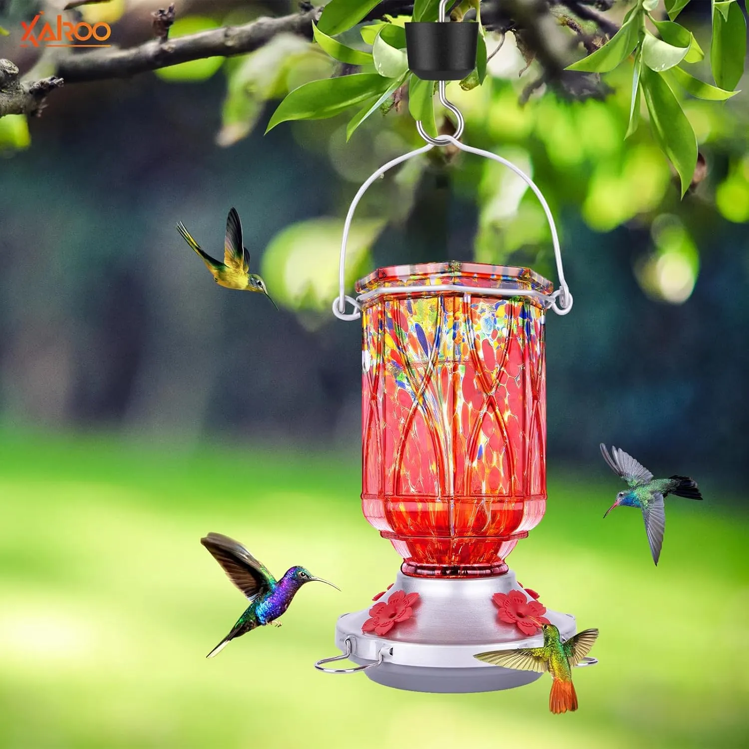 Hummingbird Feeders for Outdoors with Ant Moat, XAROO Hand Blown Glass Hummingbird Feeder, 4 Feeding Ports with Perch, Outdoor Garden Décor, 15 OZ, Red, Gifts for Mom Wife Dad Men Women