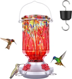 Hummingbird Feeders for Outdoors with Ant Moat, XAROO Hand Blown Glass Hummingbird Feeder, 4 Feeding Ports with Perch, Outdoor Garden Décor, 15 OZ, Red, Gifts for Mom Wife Dad Men Women