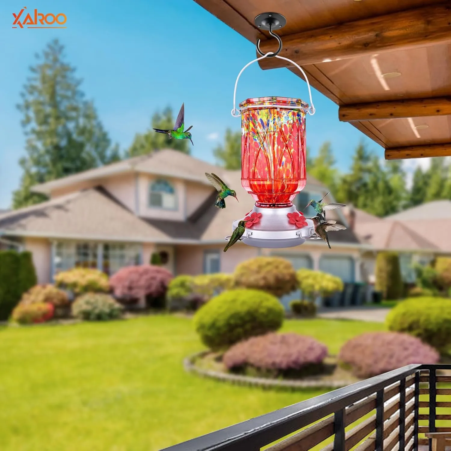Hummingbird Feeders for Outdoors with Ant Moat, XAROO Hand Blown Glass Hummingbird Feeder, 4 Feeding Ports with Perch, Outdoor Garden Décor, 15 OZ, Red, Gifts for Mom Wife Dad Men Women