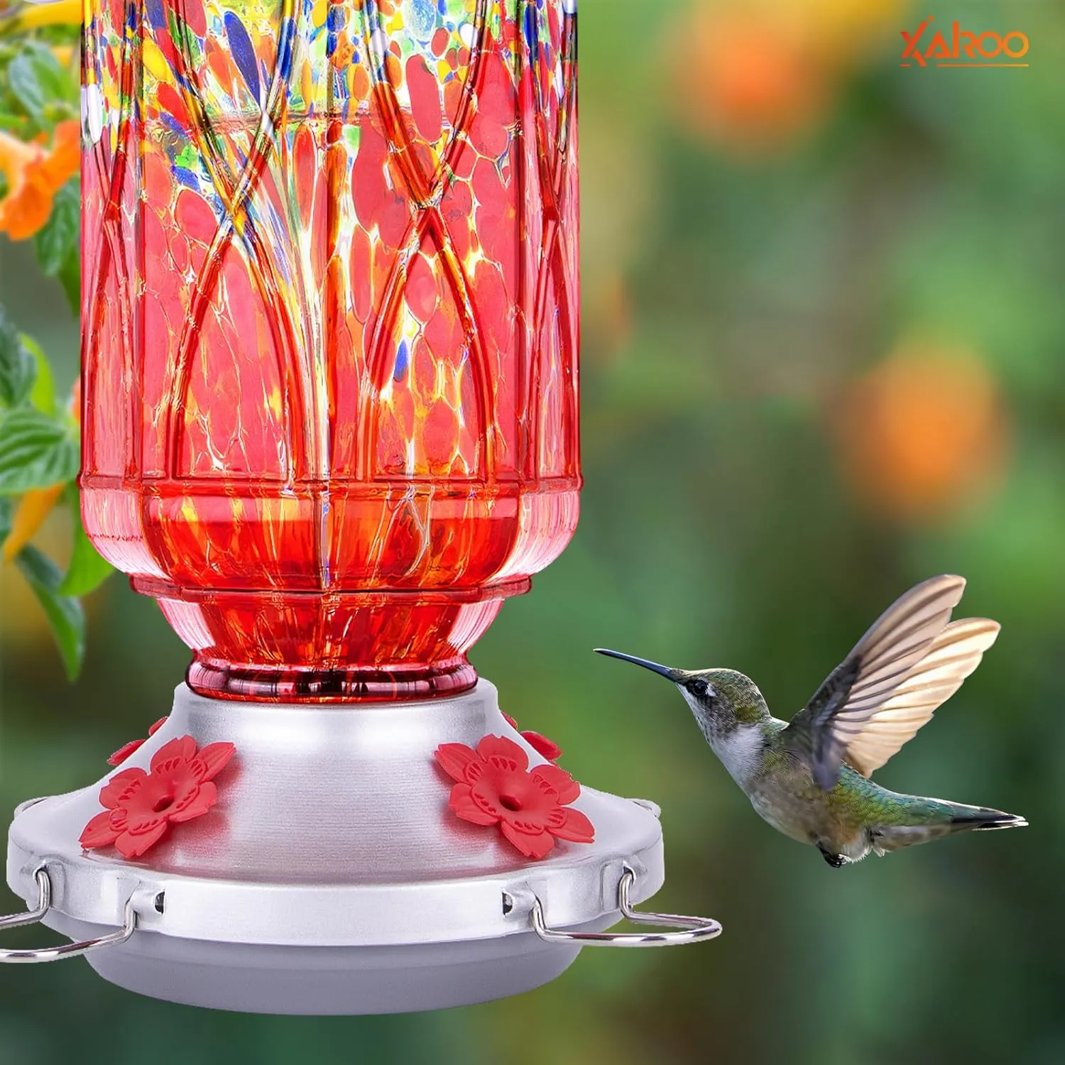 Hummingbird Feeders for Outdoors with Ant Moat, XAROO Hand Blown Glass Hummingbird Feeder, 4 Feeding Ports with Perch, Outdoor Garden Décor, 15 OZ, Red, Gifts for Mom Wife Dad Men Women