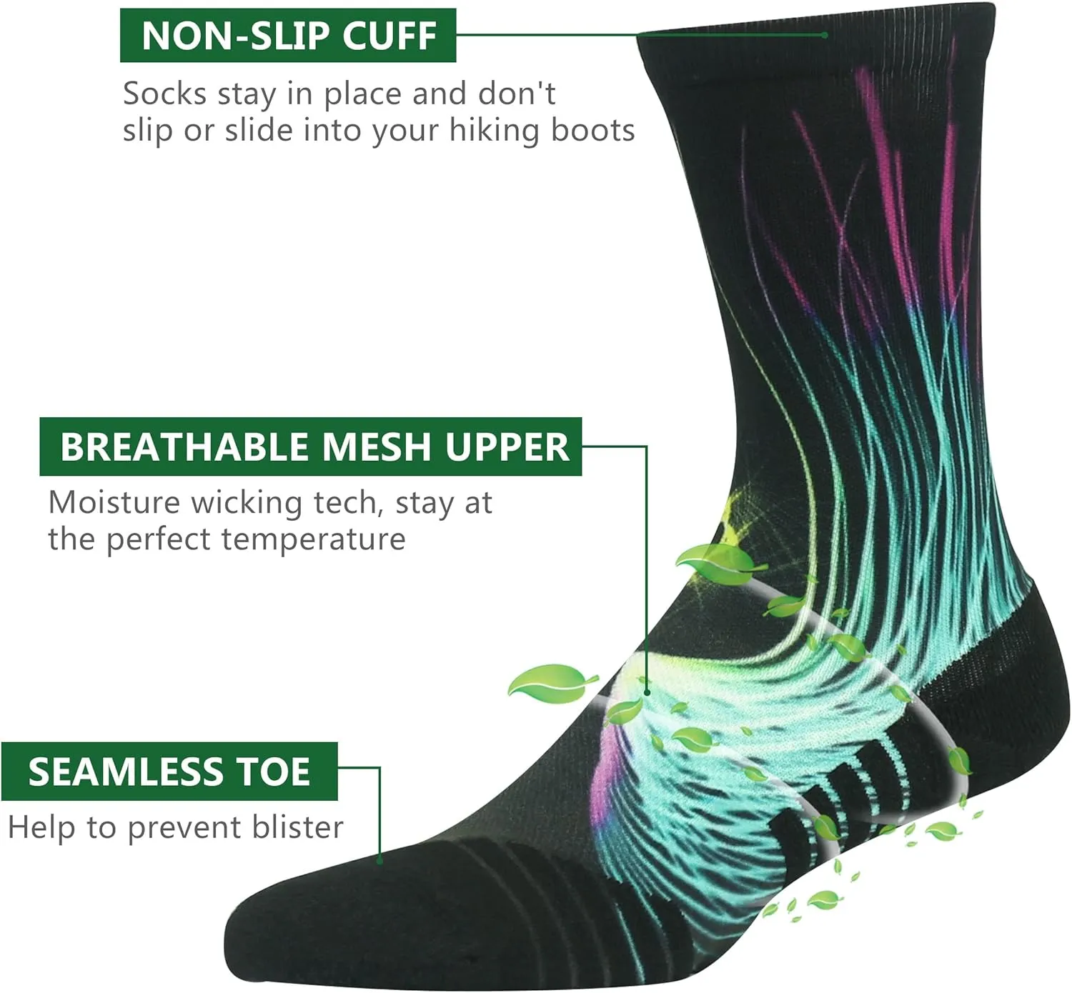 HUSO Hiking Socks Men Women Fashion Novelty Digital Printing Sports Crew Socks 3, 4 Pairs