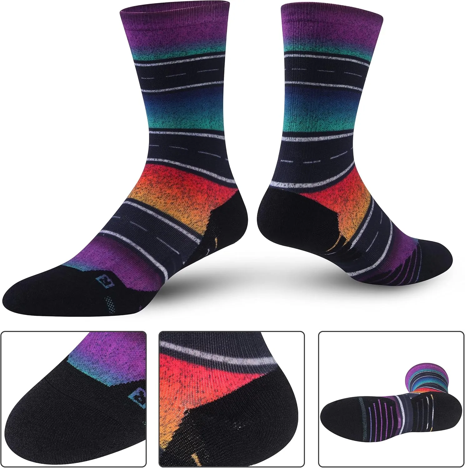 HUSO Unisex Funky Digital Printed Athletic Crew Hiking Cycling Socks 4 Pairs