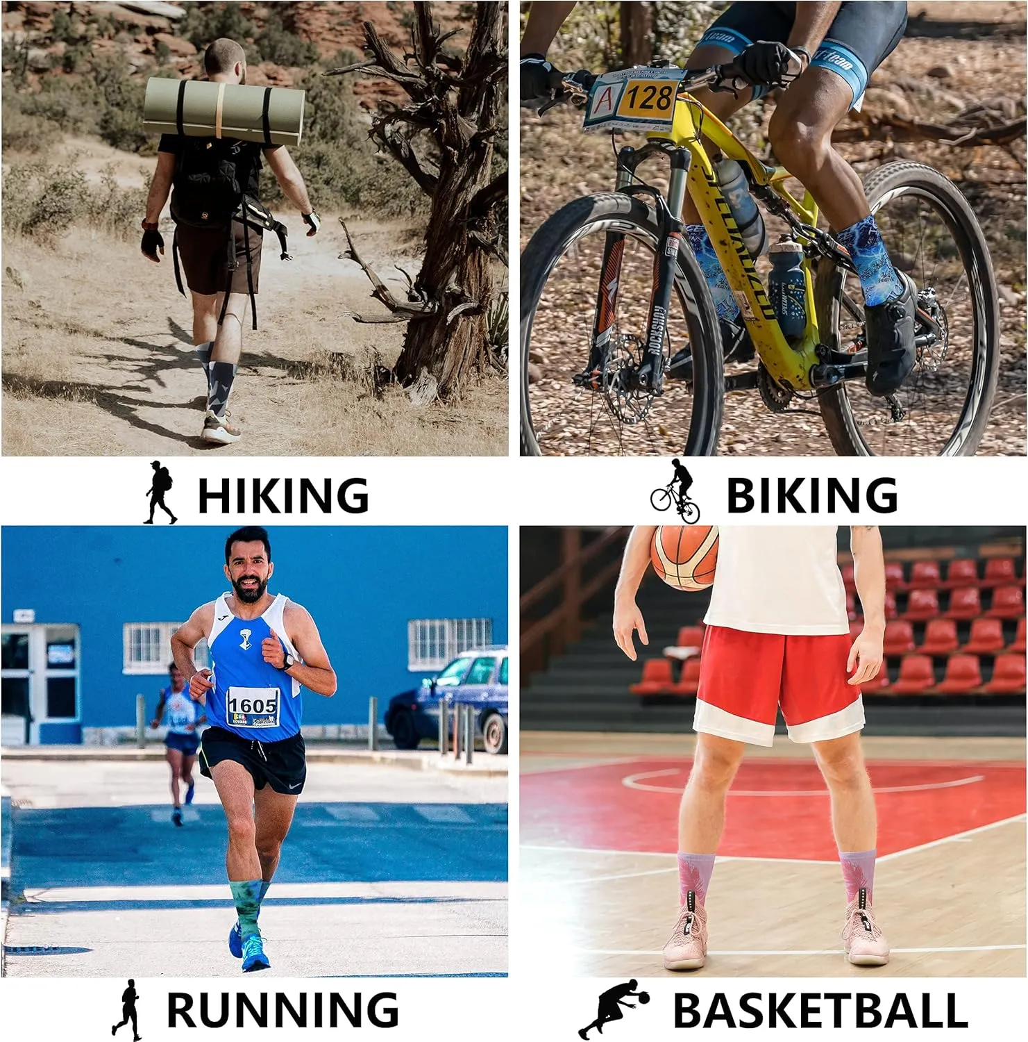 HUSO Unisex Funky Digital Printed Athletic Crew Hiking Cycling Socks 4 Pairs