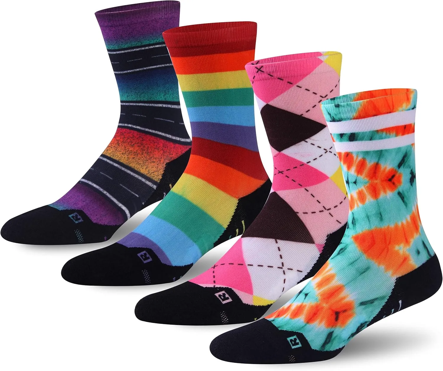 HUSO Unisex Funky Digital Printed Athletic Crew Hiking Cycling Socks 4 Pairs