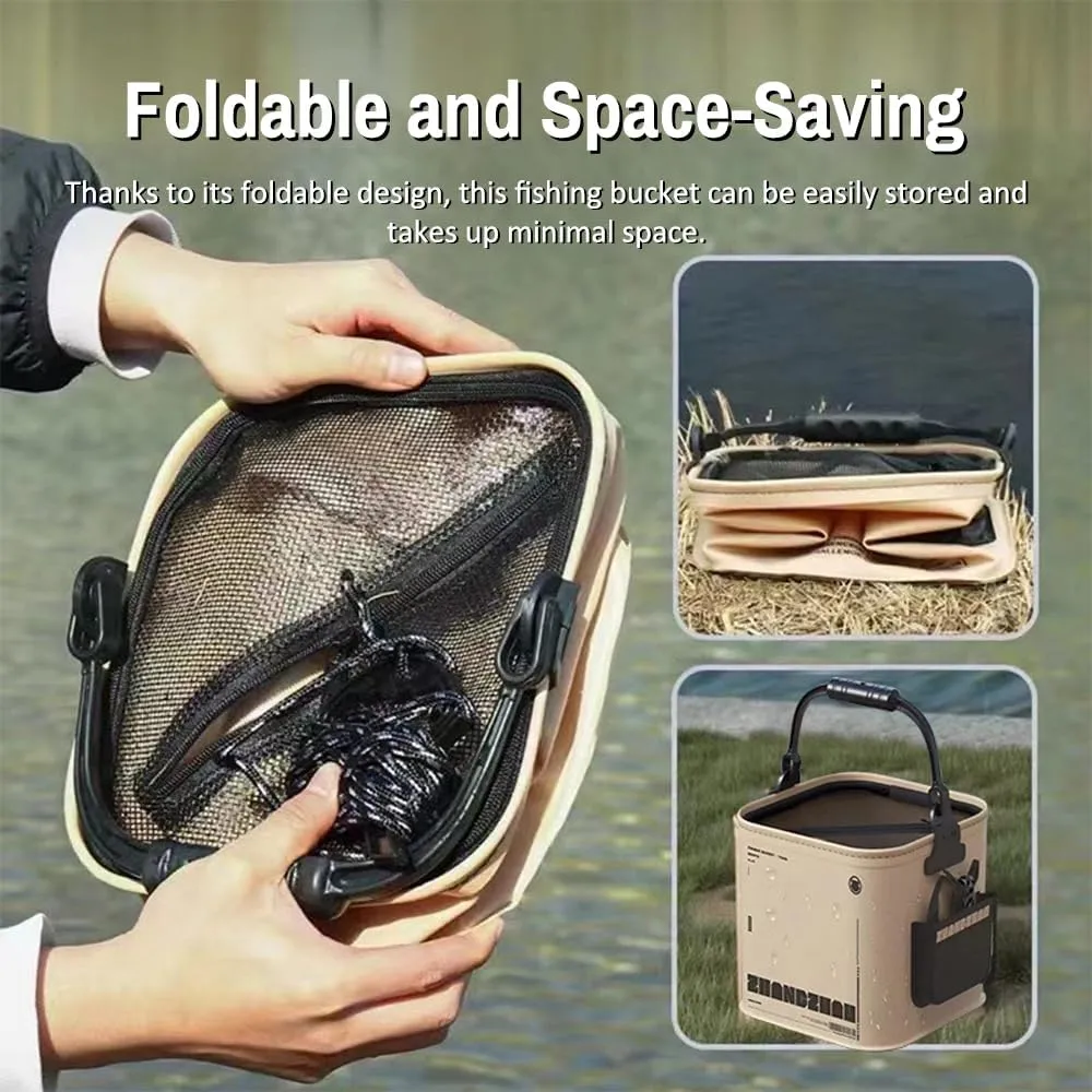 HXBER 8L Collapsible Fishing Bucket Portable Fish Bucket Multifunctional EVA Water Containers with Mesh Lid, Handle and Rope for Outdoor Camping Hiking Fishing Car Washing