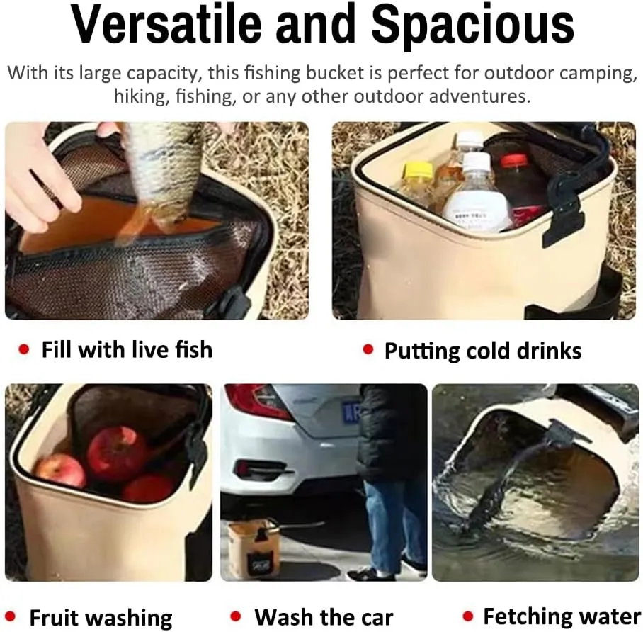 HXBER 8L Collapsible Fishing Bucket Portable Fish Bucket Multifunctional EVA Water Containers with Mesh Lid, Handle and Rope for Outdoor Camping Hiking Fishing Car Washing