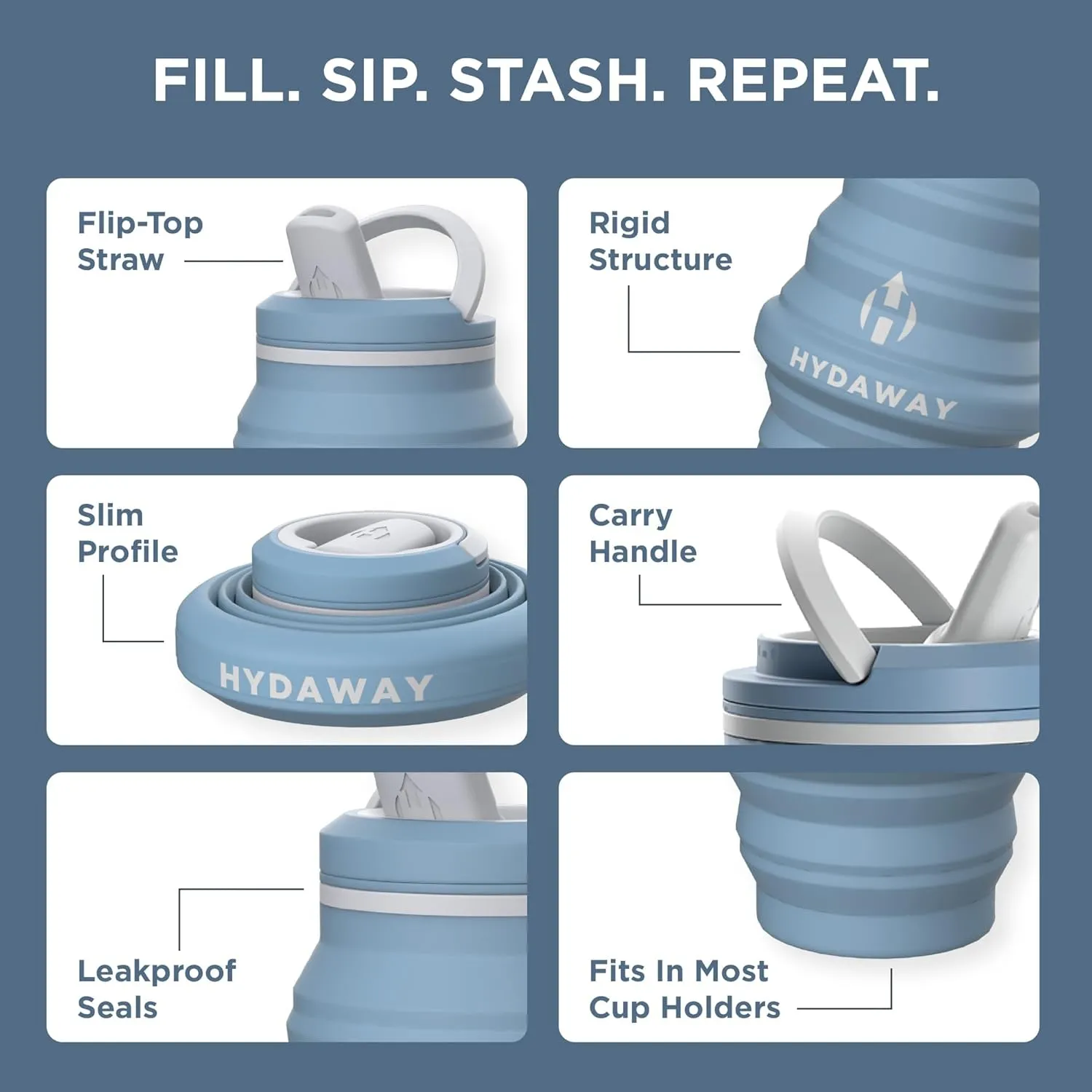 HYDAWAY Collapsible Water Bottle - 17oz I Reusable Water Bottles with Flip Top Lid for Travel, Hiking, Backpacking I Portable & Leakproof, Food-Grade Silicone, BPA Free, Collapses to 1.5”