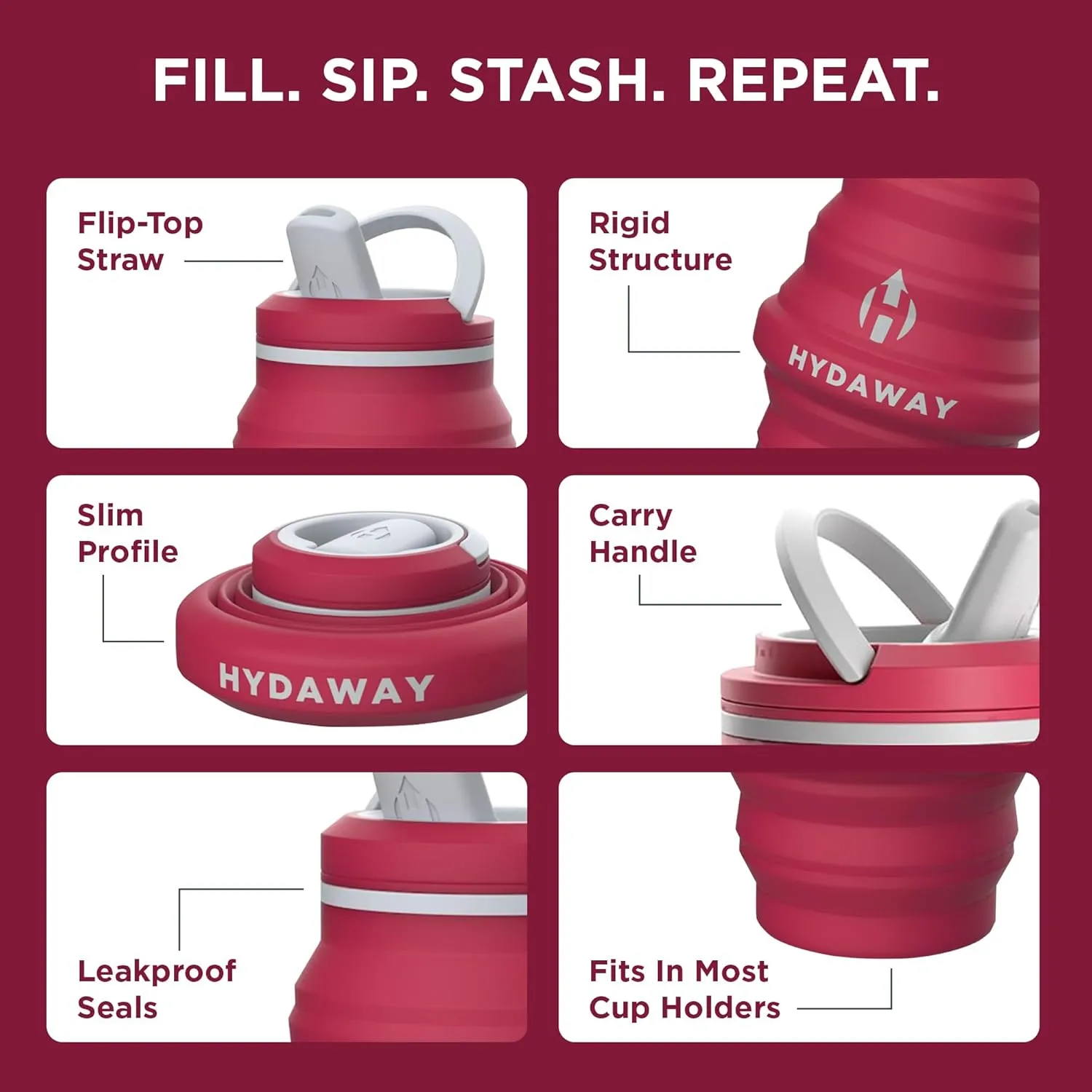 HYDAWAY Collapsible Water Bottle - 17oz I Reusable Water Bottles with Flip Top Lid for Travel, Hiking, Backpacking I Portable & Leakproof, Food-Grade Silicone, BPA Free, Collapses to 1.5”