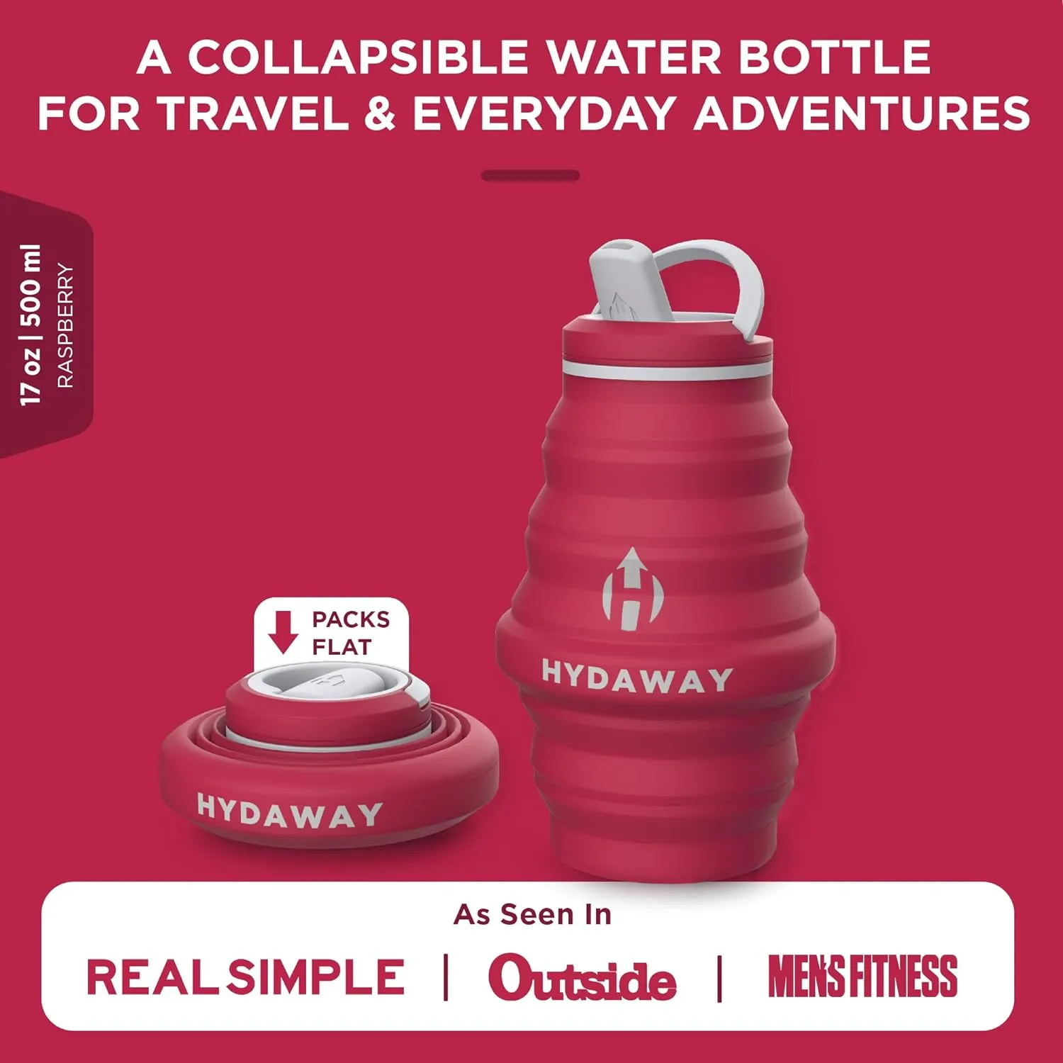 HYDAWAY Collapsible Water Bottle - 17oz I Reusable Water Bottles with Flip Top Lid for Travel, Hiking, Backpacking I Portable & Leakproof, Food-Grade Silicone, BPA Free, Collapses to 1.5”