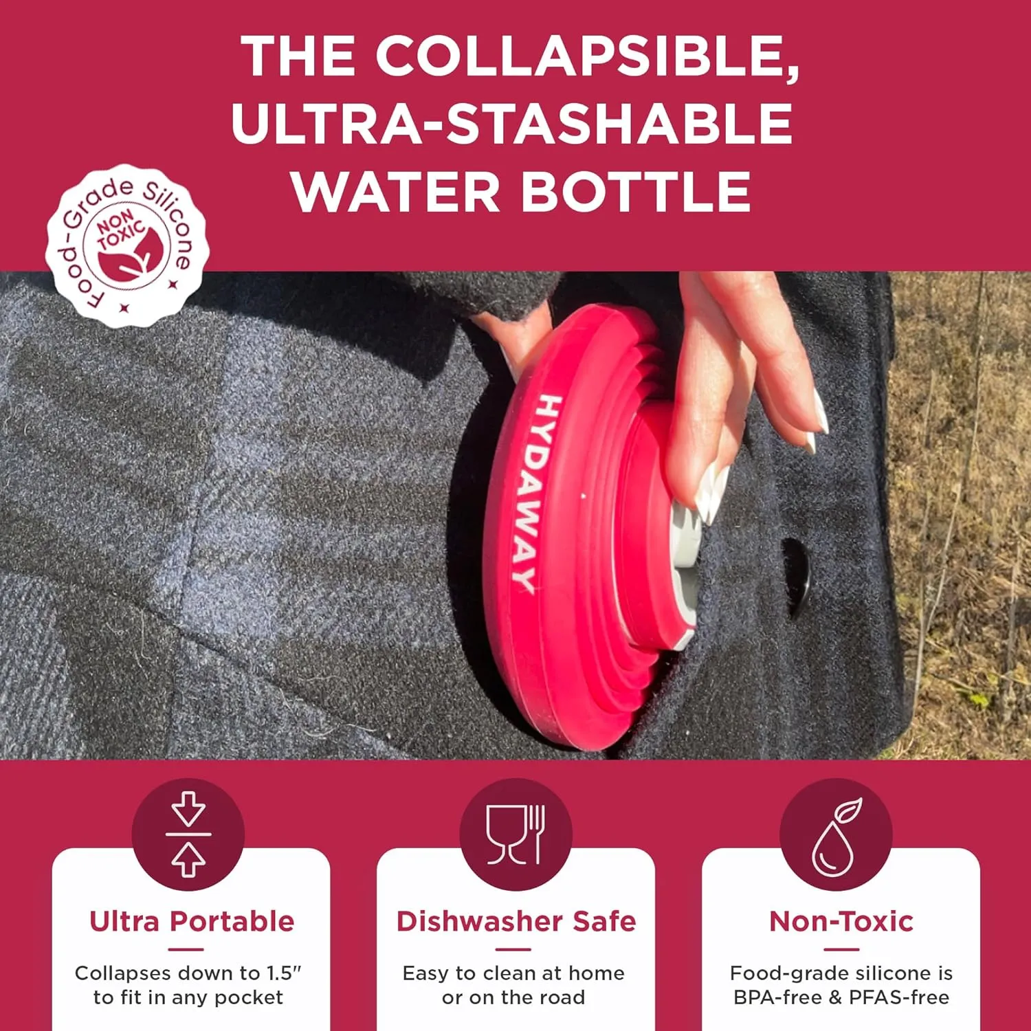 HYDAWAY Collapsible Water Bottle - 17oz I Reusable Water Bottles with Flip Top Lid for Travel, Hiking, Backpacking I Portable & Leakproof, Food-Grade Silicone, BPA Free, Collapses to 1.5”
