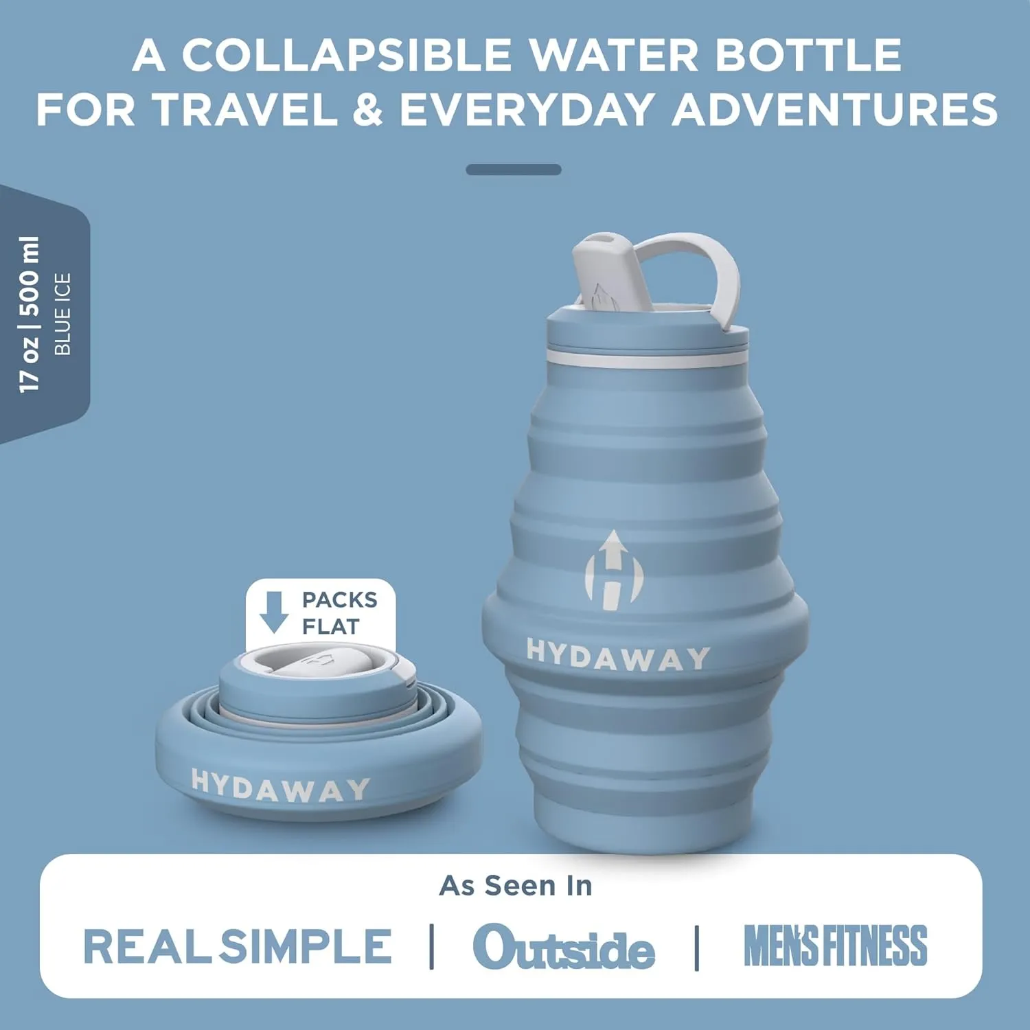HYDAWAY Collapsible Water Bottle - 17oz I Reusable Water Bottles with Flip Top Lid for Travel, Hiking, Backpacking I Portable & Leakproof, Food-Grade Silicone, BPA Free, Collapses to 1.5”