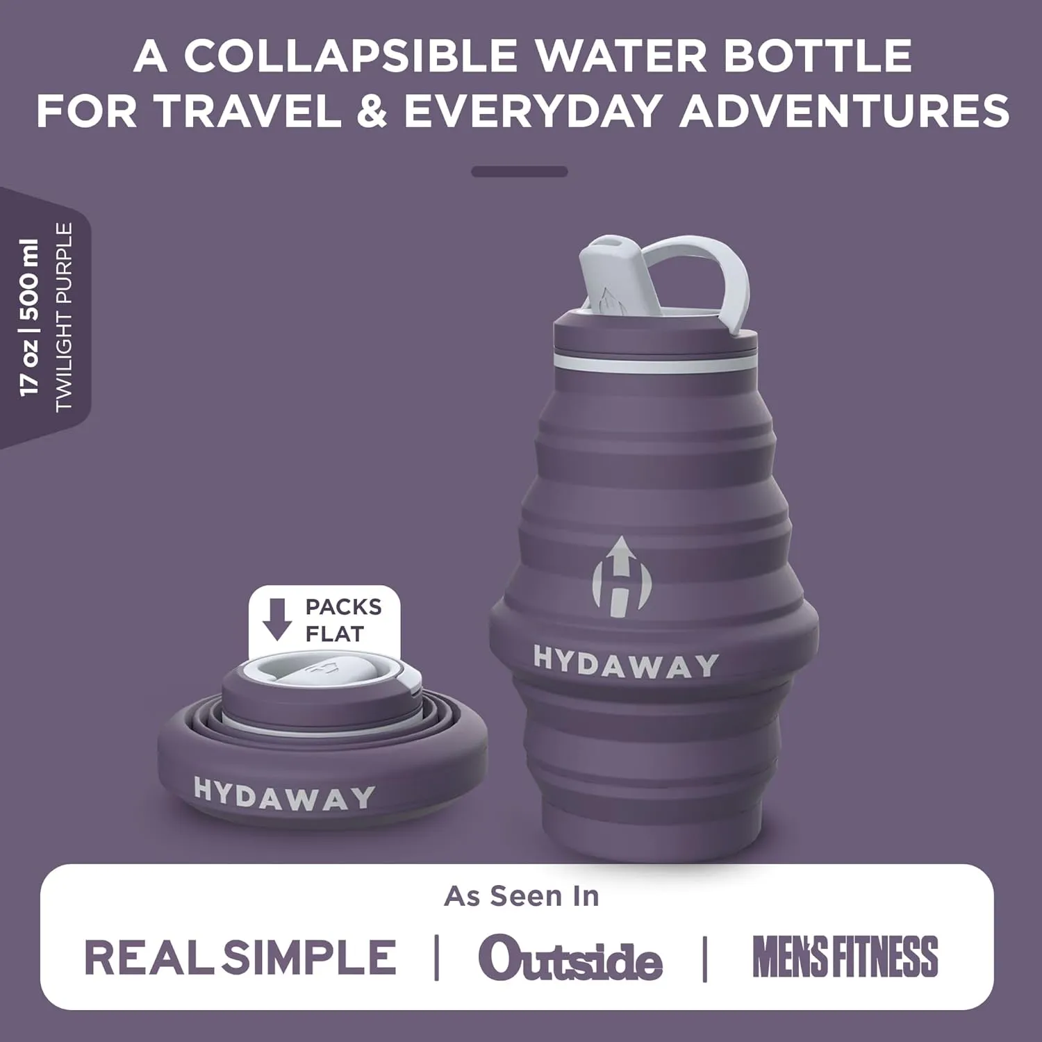 HYDAWAY Collapsible Water Bottle - 17oz I Reusable Water Bottles with Flip Top Lid for Travel, Hiking, Backpacking I Portable & Leakproof, Food-Grade Silicone, BPA Free, Collapses to 1.5”