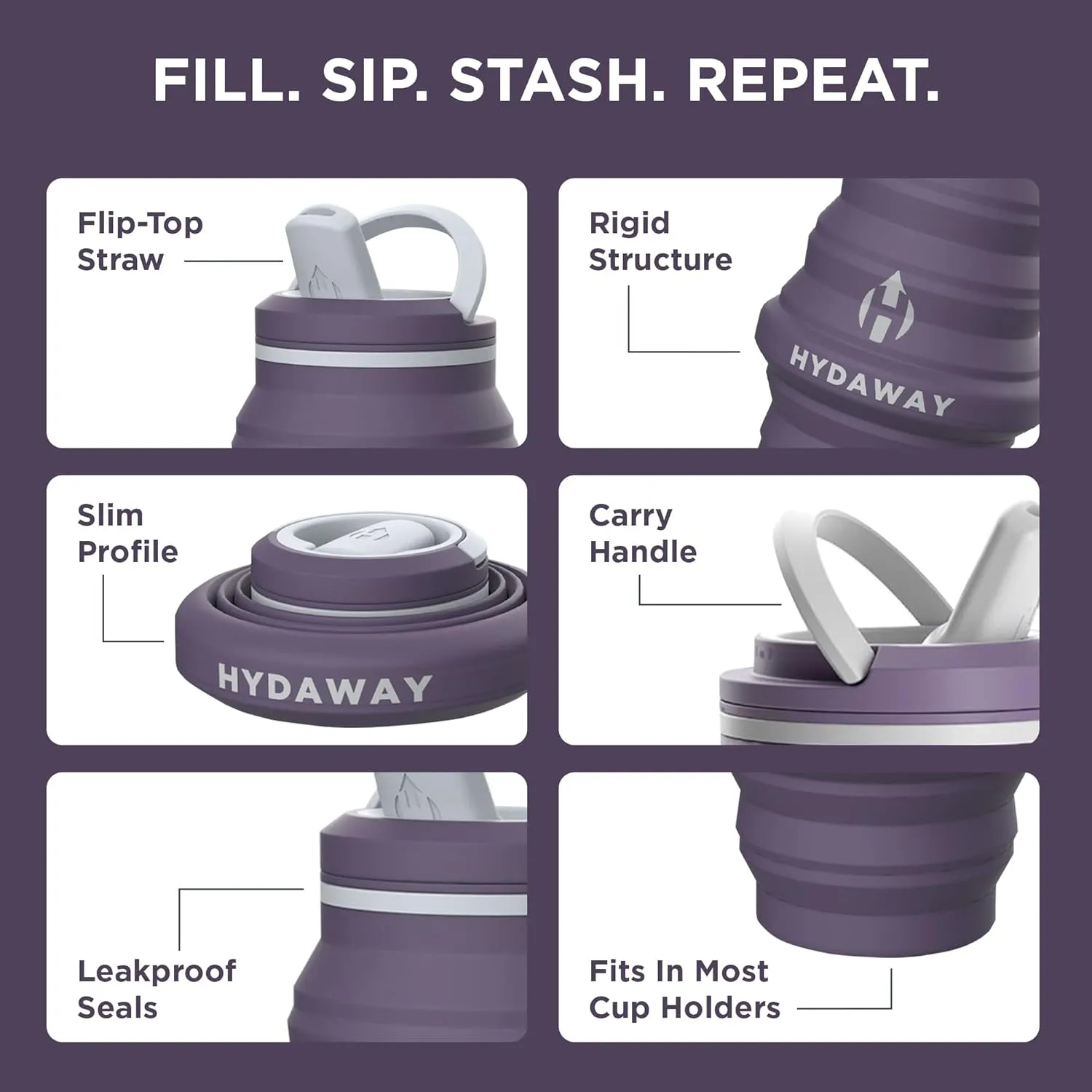 HYDAWAY Collapsible Water Bottle - 17oz I Reusable Water Bottles with Flip Top Lid for Travel, Hiking, Backpacking I Portable & Leakproof, Food-Grade Silicone, BPA Free, Collapses to 1.5”