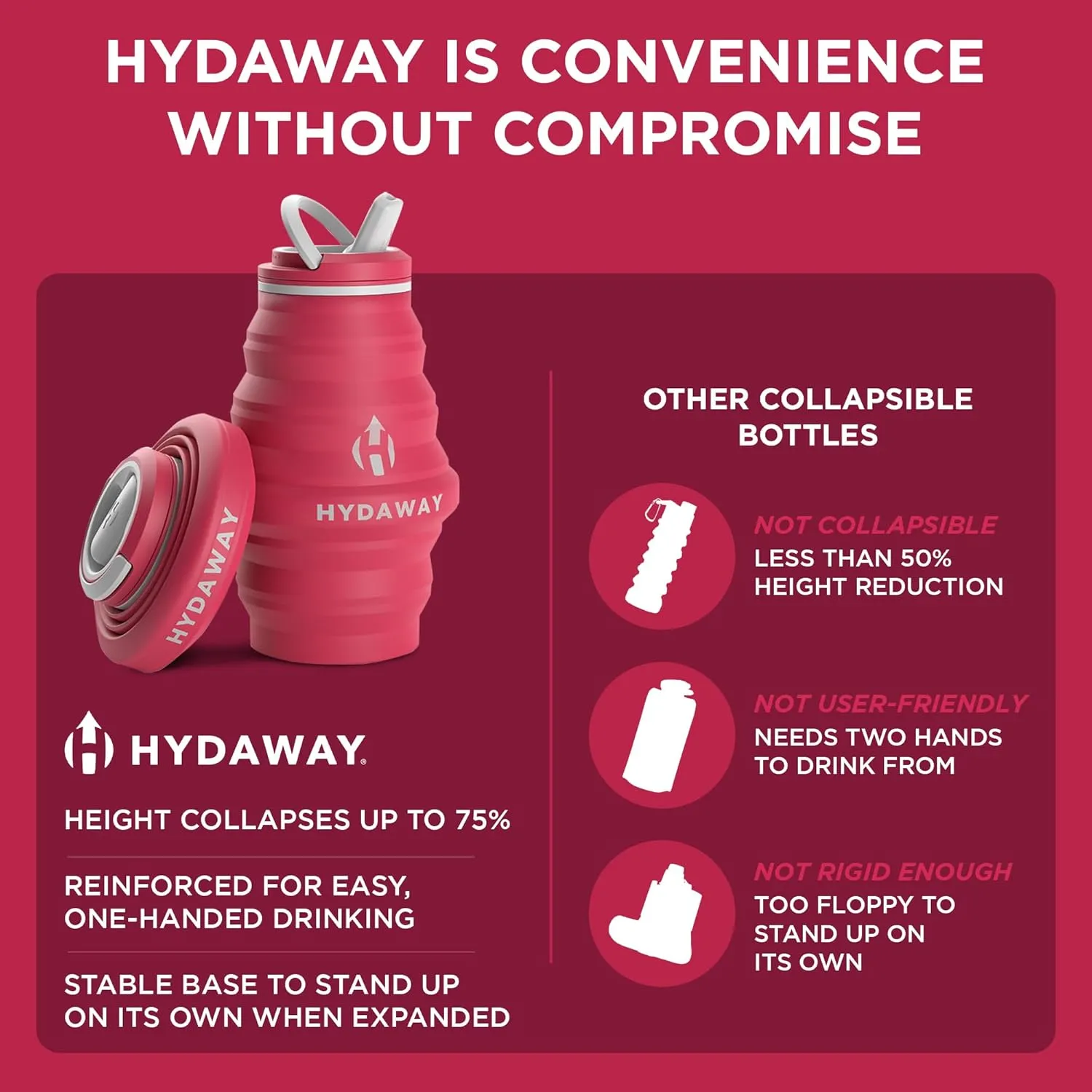 HYDAWAY Collapsible Water Bottle - 17oz I Reusable Water Bottles with Flip Top Lid for Travel, Hiking, Backpacking I Portable & Leakproof, Food-Grade Silicone, BPA Free, Collapses to 1.5”