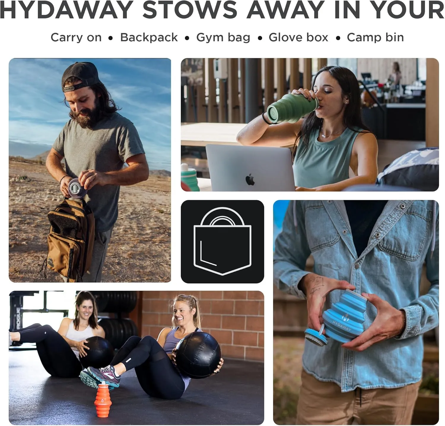 HYDAWAY Collapsible Water Bottle - 25oz I Reusable Water Bottle with Flip Top Lid for Travel, Hiking, Backpacking I Portable & Leakproof, Food-Grade Silicone, BPA Free, Collapses to 1.5”