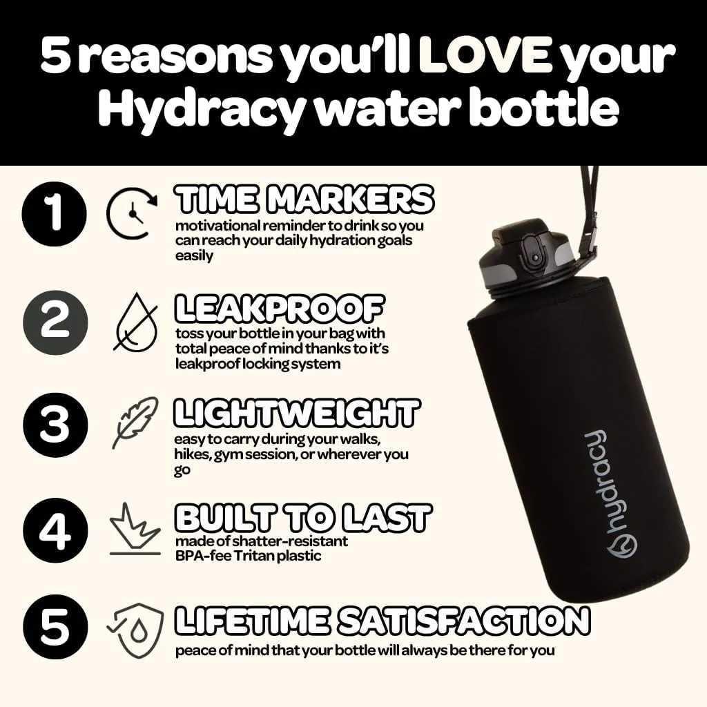 Hydracy Water Bottle with Time Marker -Large BPA Free Water Bottle & No Sweat Sleeve -Leak Proof Gym Bottle with Fruit Infuser Strainer & Times to Drink -Ideal for Fitness Sports & Outdoors