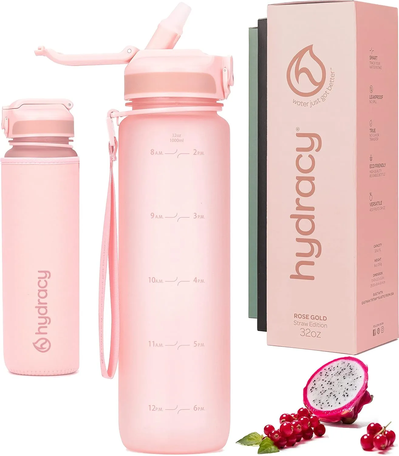 Hydracy Water Bottle with Time Marker -Large BPA Free Water Bottle & No Sweat Sleeve -Leak Proof Gym Bottle with Fruit Infuser Strainer & Times to Drink -Ideal for Fitness Sports & Outdoors