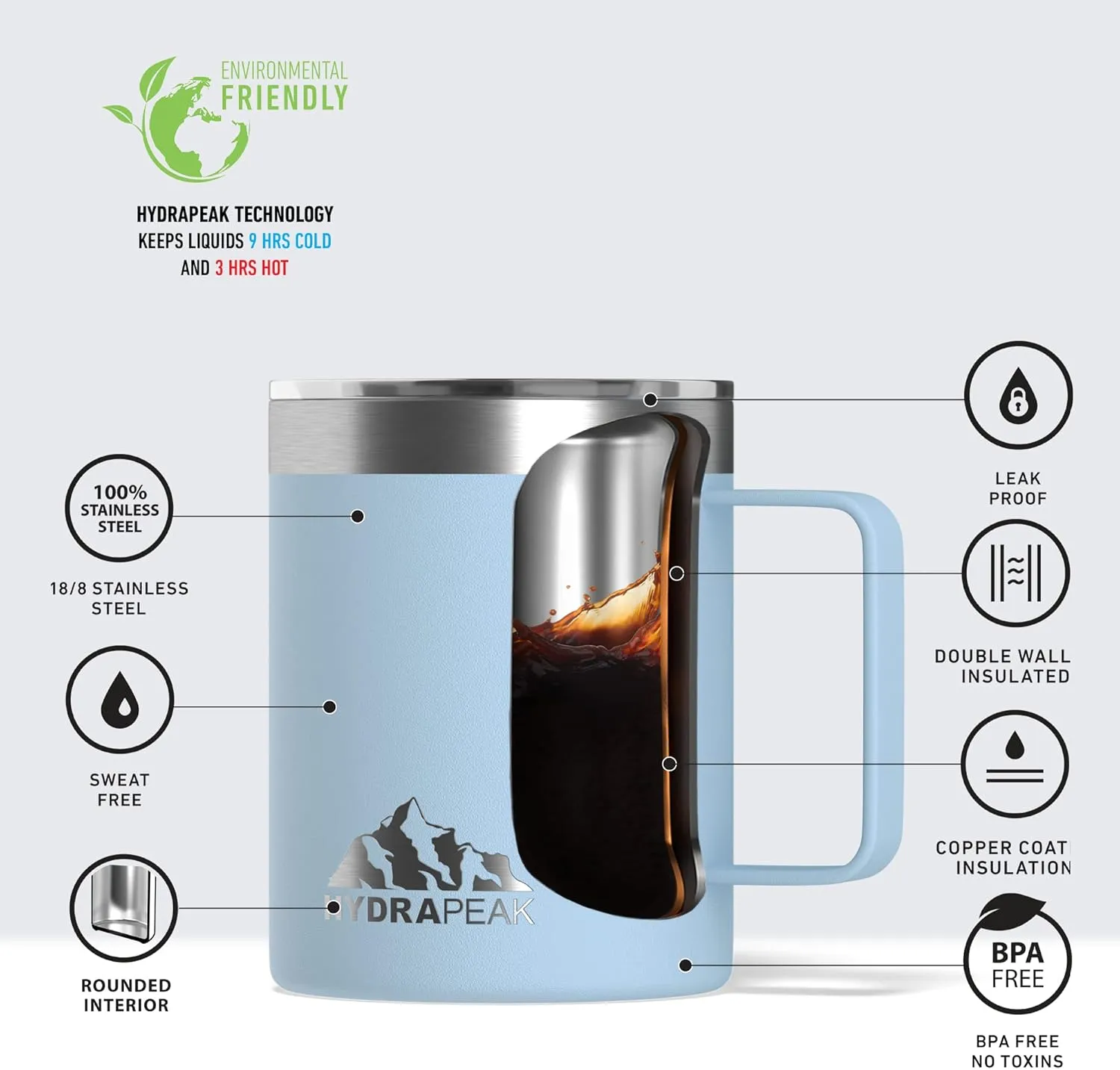 Hydrapeak 14oz Insulated Travel Mug with Splash Proof Lid, Stainless Steel, BPA-Free Double Walled, Camper Coffee Mug for Men and Women (Cloud)