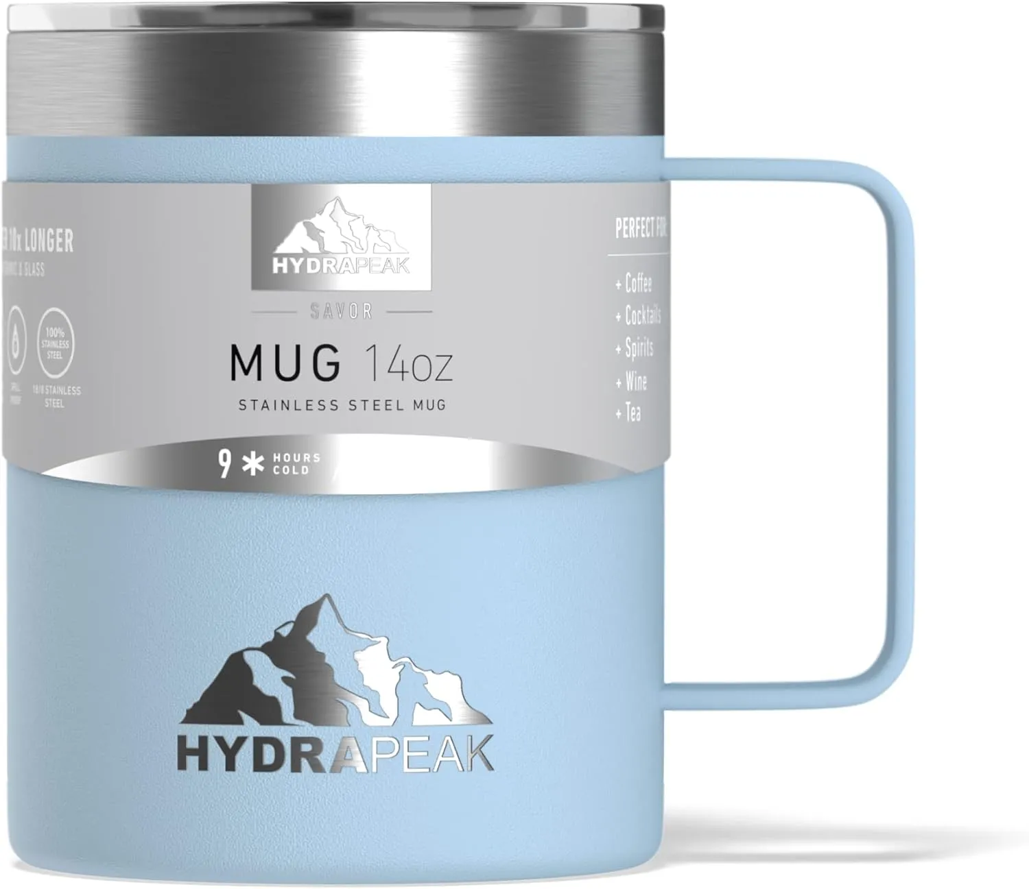 Hydrapeak 14oz Insulated Travel Mug with Splash Proof Lid, Stainless Steel, BPA-Free Double Walled, Camper Coffee Mug for Men and Women (Cloud)