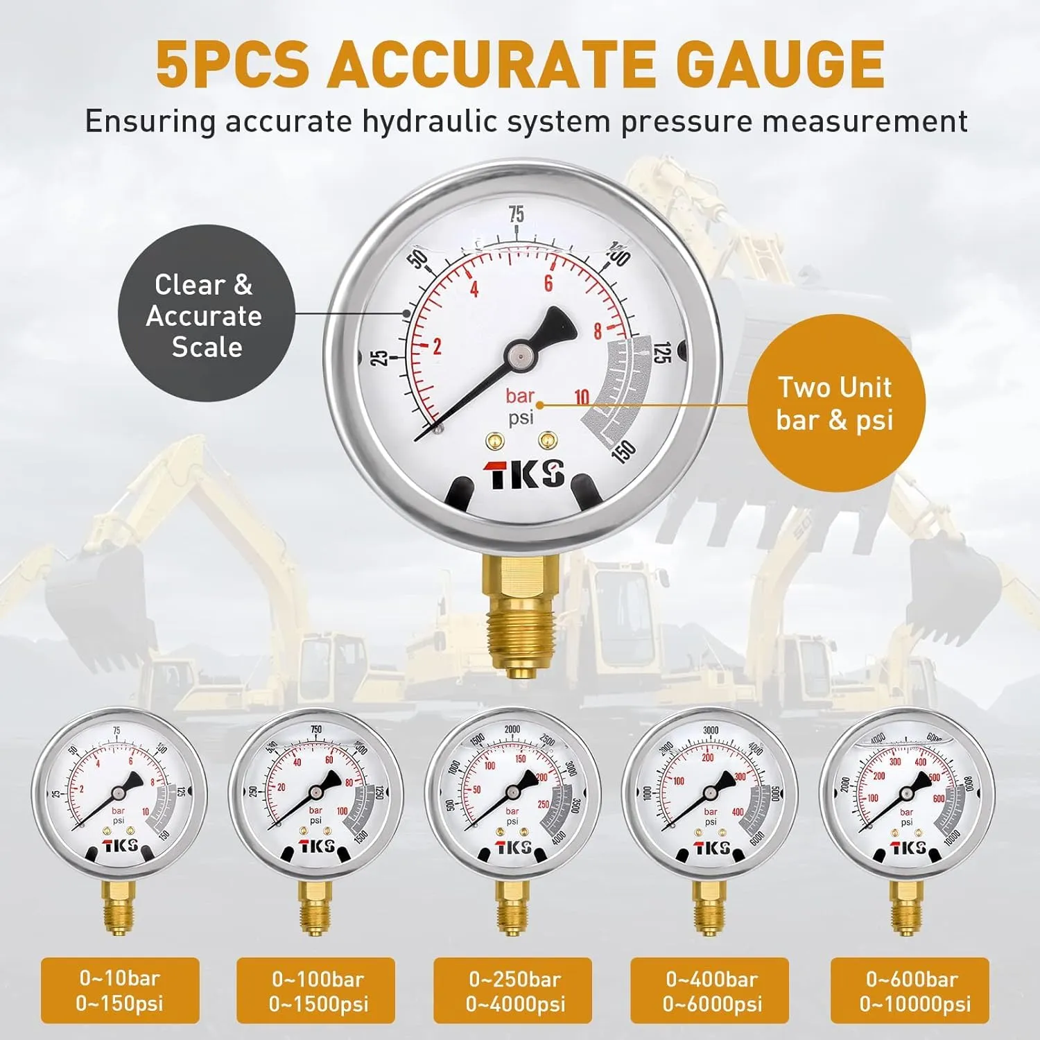 Hydraulic Pressure Test Kit, 600bar /10000psi / 60Mpa 5 Gauges 13 Test Couplings 14 Tee Connectors 5 Test Hoses, Hydraulic Test Gauge kit for Excavator Construction Machinery (5 Gauges)