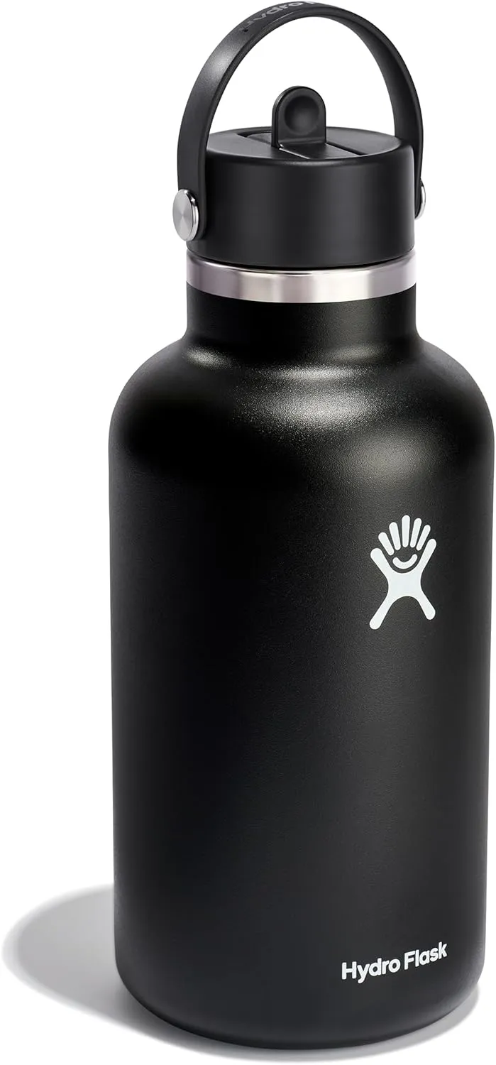 Hydro Flask Water Bottle - Insulated Stainless Steel - Wide Straw Lid, Non Spill, Leakproof in 64 Oz Black