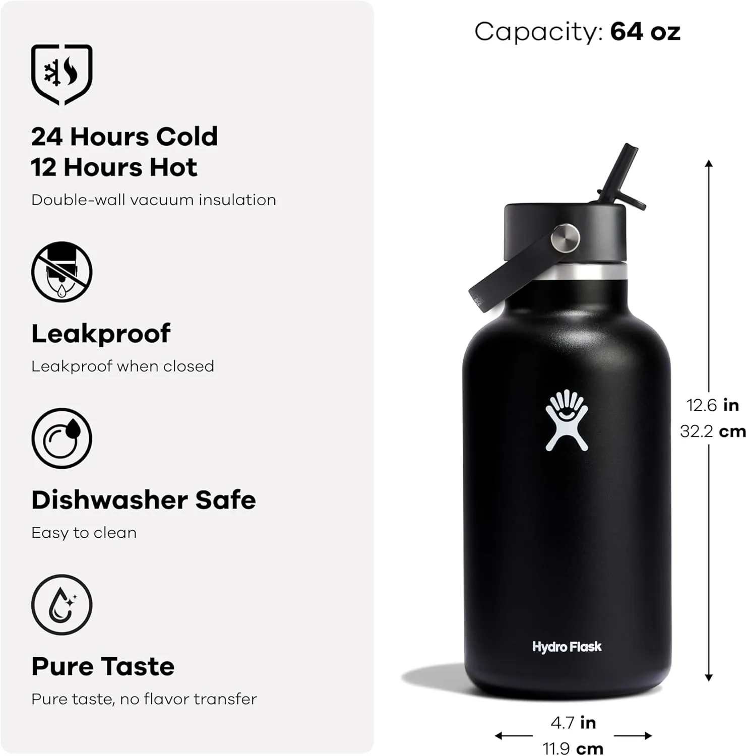 Hydro Flask Water Bottle - Insulated Stainless Steel - Wide Straw Lid, Non Spill, Leakproof in 64 Oz Black