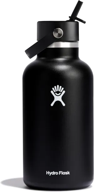 Hydro Flask Water Bottle - Insulated Stainless Steel - Wide Straw Lid, Non Spill, Leakproof in 64 Oz Black