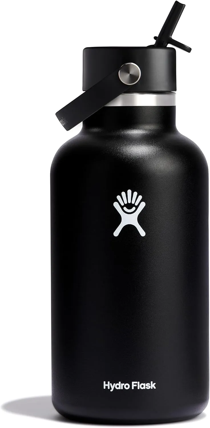 Hydro Flask Water Bottle - Insulated Stainless Steel - Wide Straw Lid, Non Spill, Leakproof in 64 Oz Black