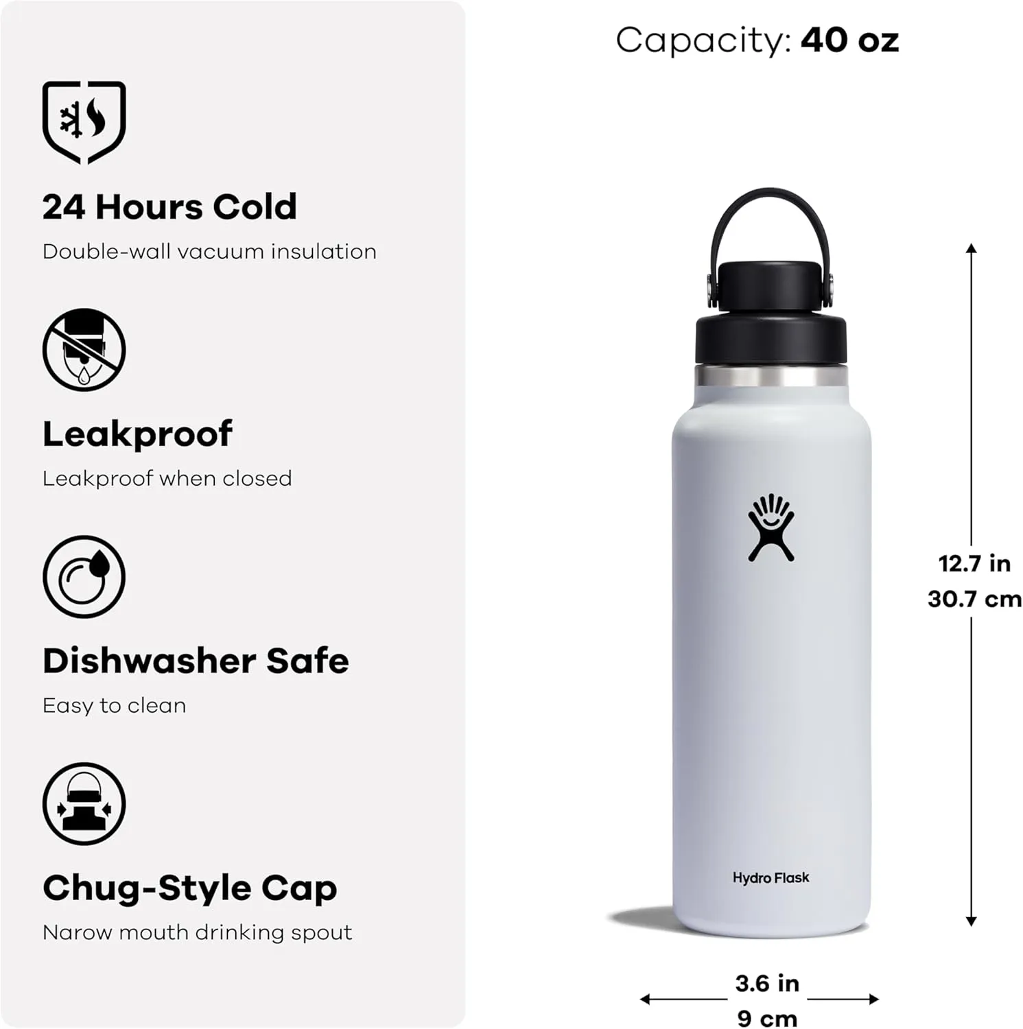 HYDRO FLASK Wide Mouth Chug Cap vacuum insulated stainless steel water bottle with leakproof closeable lid for cold water drinks, sports, travel, car and school