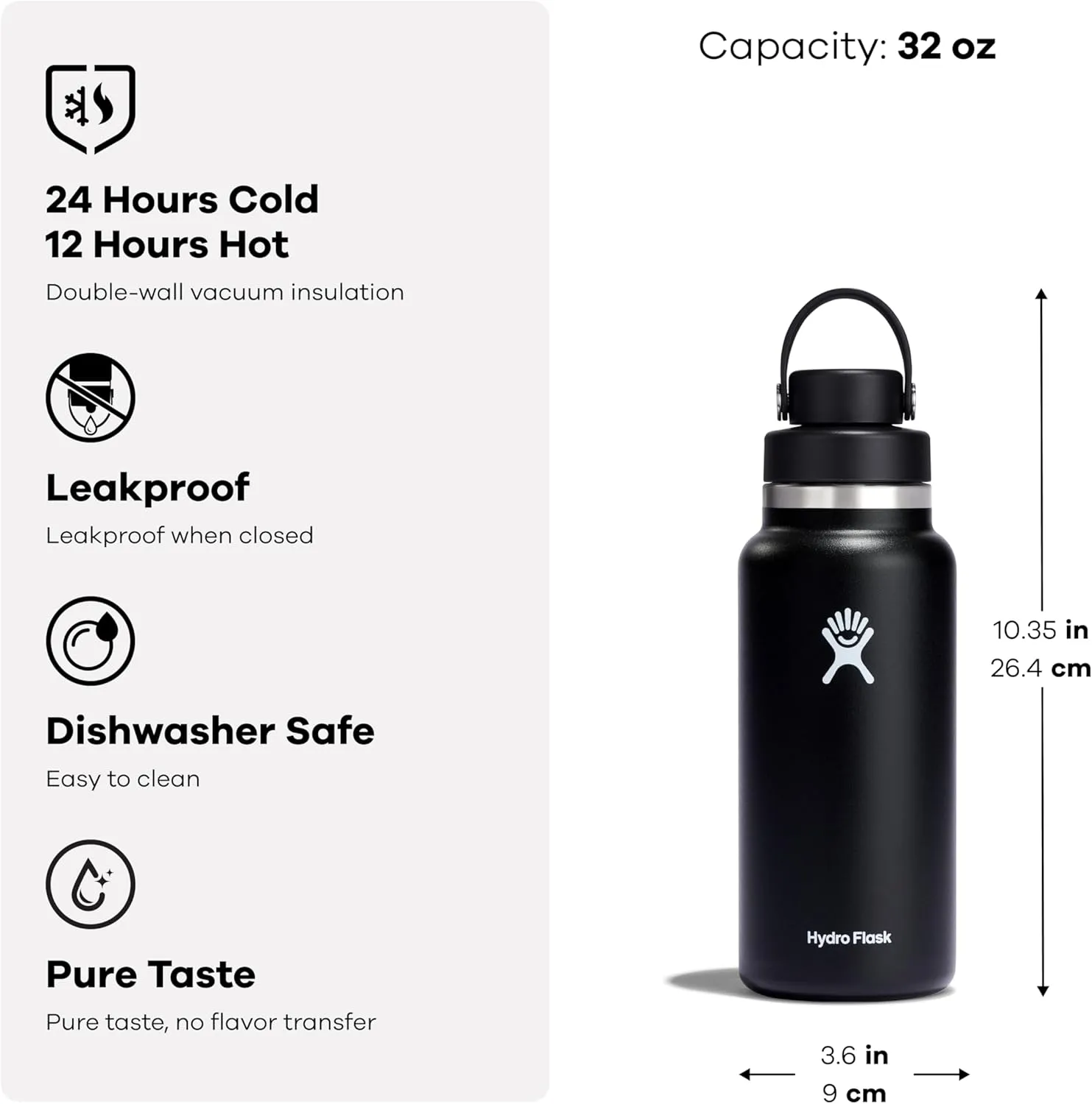 HYDRO FLASK Wide Mouth Chug Cap vacuum insulated stainless steel water bottle with leakproof closeable lid for cold water drinks, sports, travel, car and school
