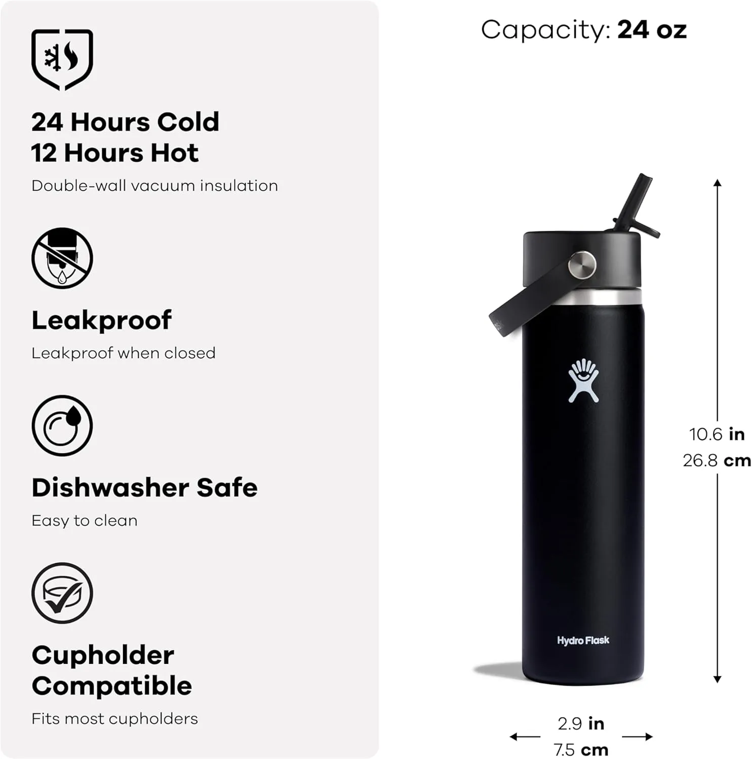 HYDRO FLASK Wide Mouth vacuum insulated stainless steel water bottle with leakproof closeable straw lid for cold water drinks, sports, travel, car and school