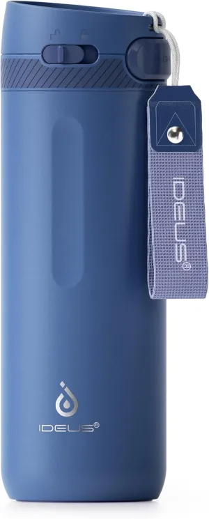 IDEUS Insulated Stainless Steel Water Bottle 17 oz Push Button Lid & Leakproof Travel Mug for Hot Cold Beverages Fits Most Cup Holder, Grey Blue