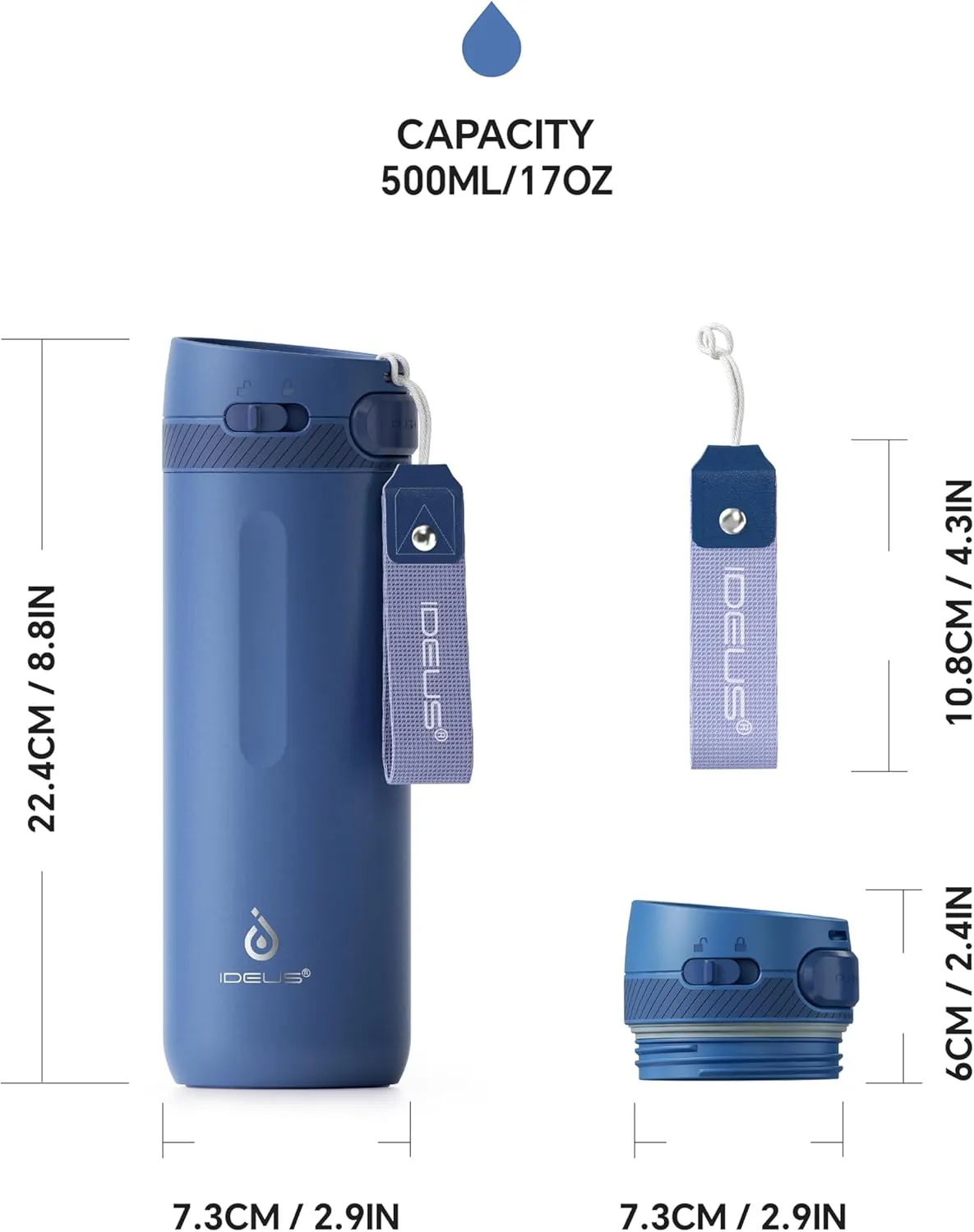 IDEUS Insulated Stainless Steel Water Bottle 17 oz Push Button Lid & Leakproof Travel Mug for Hot Cold Beverages Fits Most Cup Holder, Grey Blue