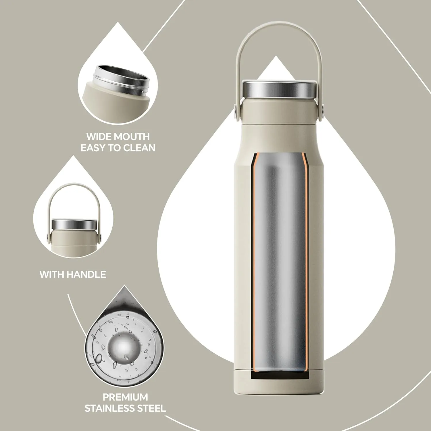 IDEUS Insulated Stainless Steel Water Bottle 17 oz Push Button Lid & Leakproof Travel Mug for Hot/Cold Beverages Fits Most Cup Holder (Celadon White)