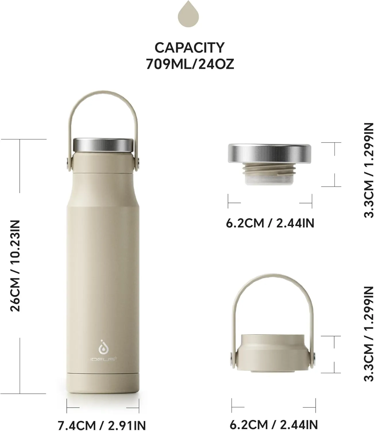 IDEUS Insulated Stainless Steel Water Bottle 17 oz Push Button Lid & Leakproof Travel Mug for Hot/Cold Beverages Fits Most Cup Holder (Celadon White)