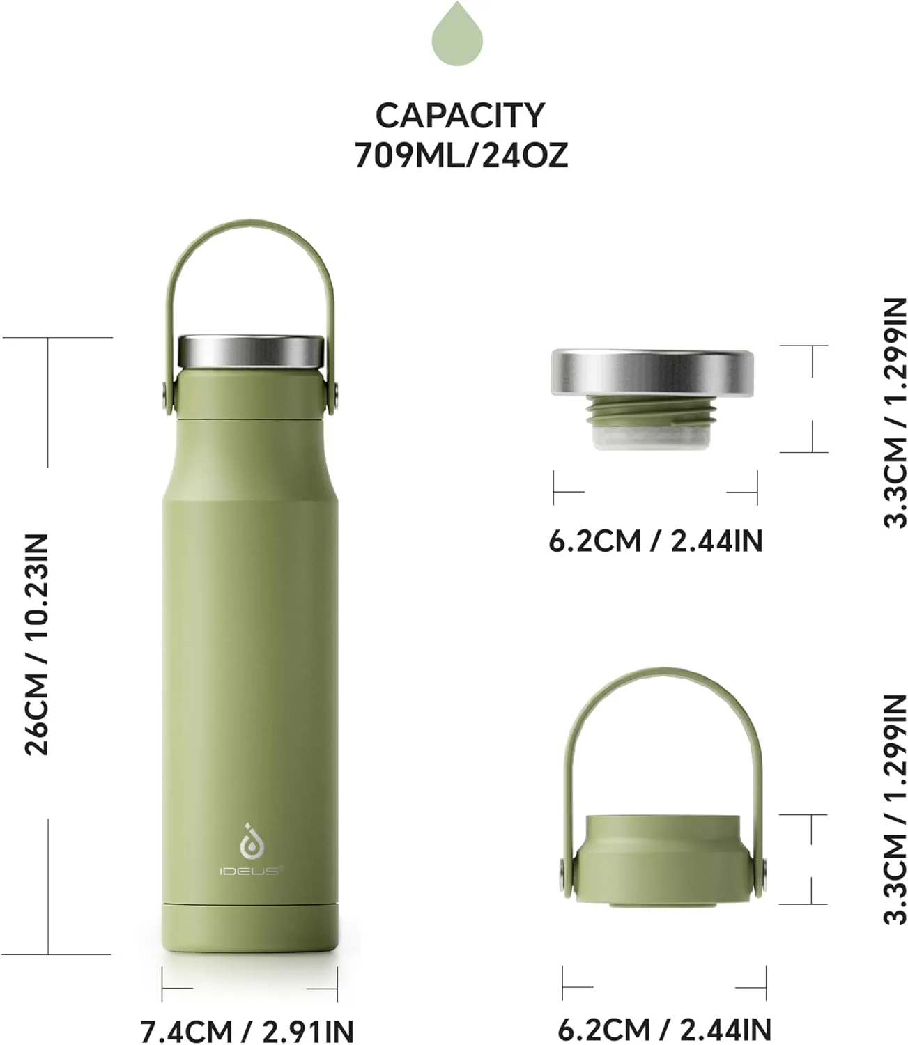 IDEUS Insulated Stainless Steel Water Bottle 17 oz Push Button Lid & Leakproof Travel Mug for Hot/Cold Beverages Fits Most Cup Holder (Grass Green)